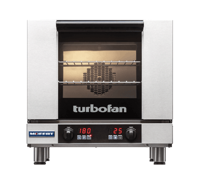 A stainless steel MOFFAT convection countertop oven with “turbofan” branded on the glass door features a digital display showing 180 and 25, two knobs, four short legs, and a visible interior rack.