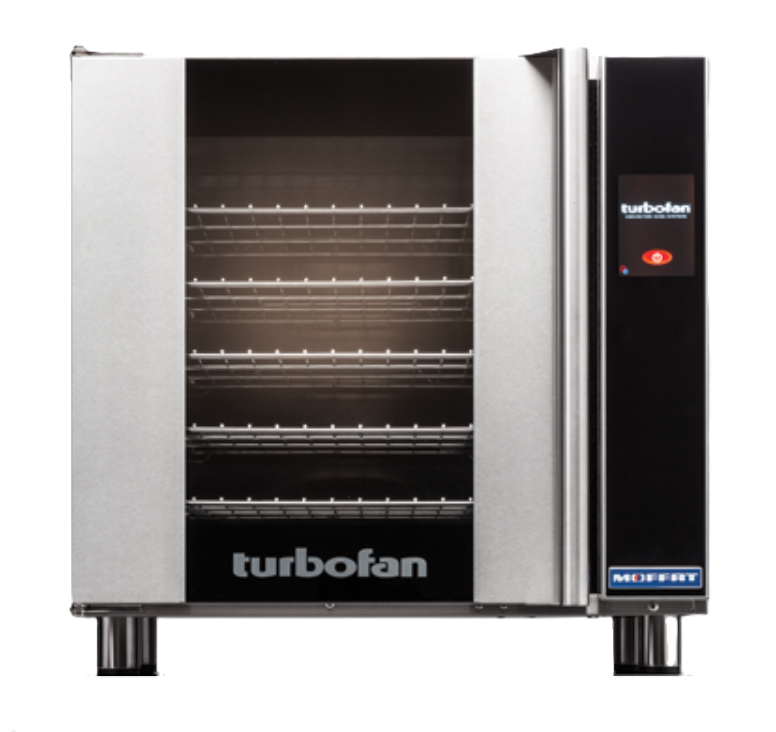 Front view of a commercial stainless steel convection oven with a glass door, showing five wire racks for full-size sheet pans. The left panel is solid, while the right features a digital control display with “turbofan” and “Moffat” branding.