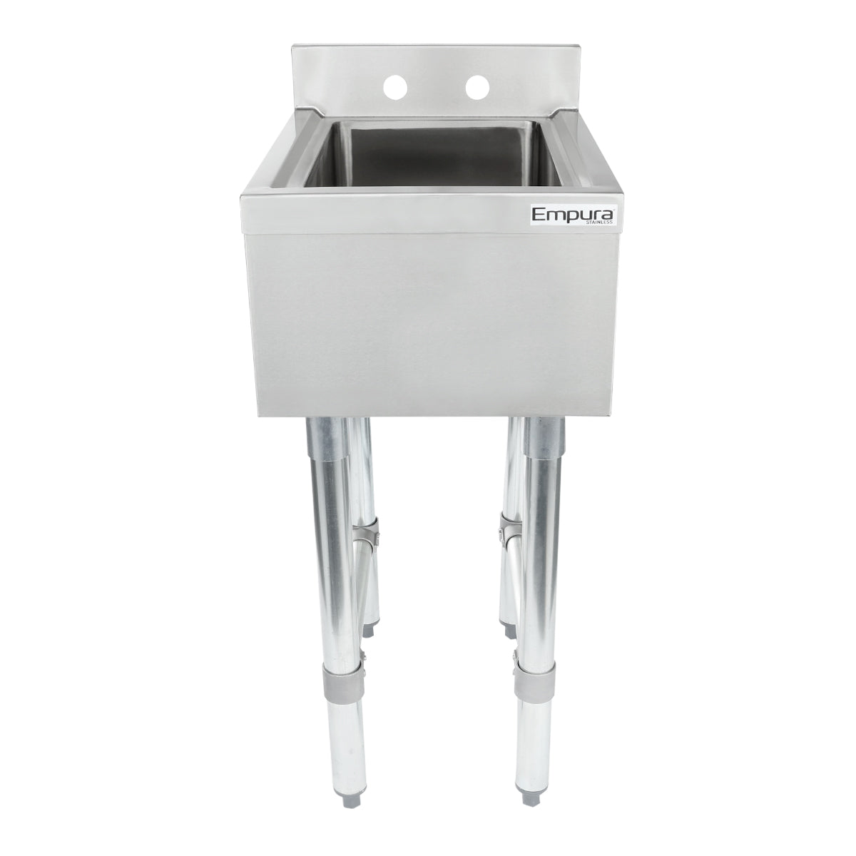 A stainless steel underbar sink with a deep rectangular 1 compartment basin, high backsplash, and two faucet holes. It stands on four sturdy cylindrical metal legs with adjustable feet. The brand name “Empura” is displayed on the top right corner.