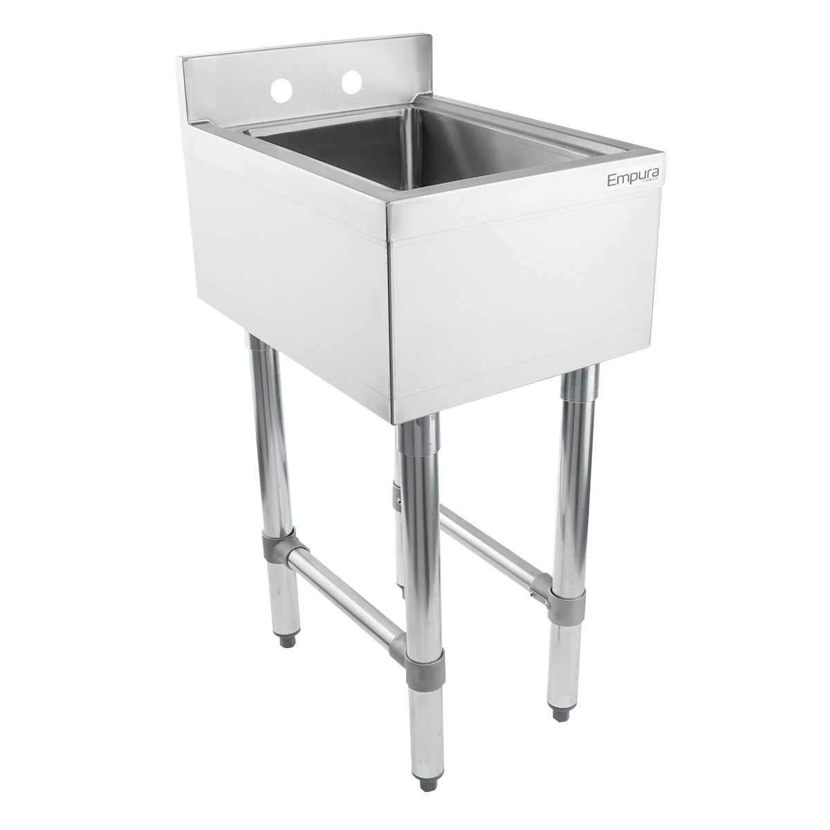 A stainless steel 1 compartment underbar sink featuring a deep rectangular basin, four cylindrical legs, and a backsplash with two faucet holes. The Empura brand name is visible on the top corner of the sinks front panel.