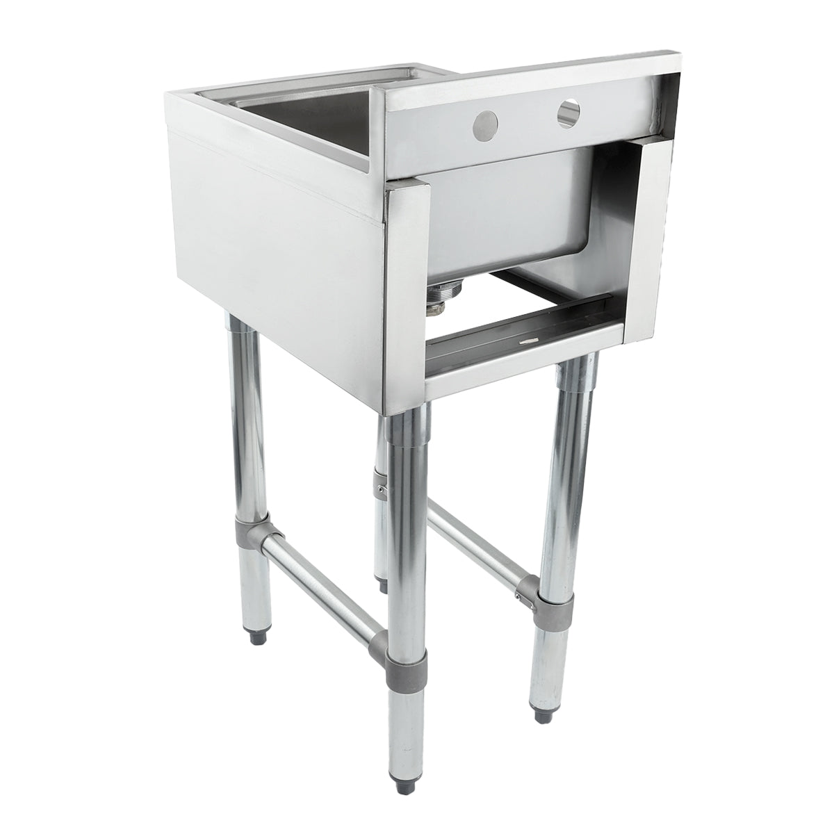 A stainless steel 1 compartment underbar sink with a deep rectangular basin and tall legs. The sink features a backsplash with two faucet holes, a bottom drain, and an open frame below that exposes plumbing and offers sturdy support.