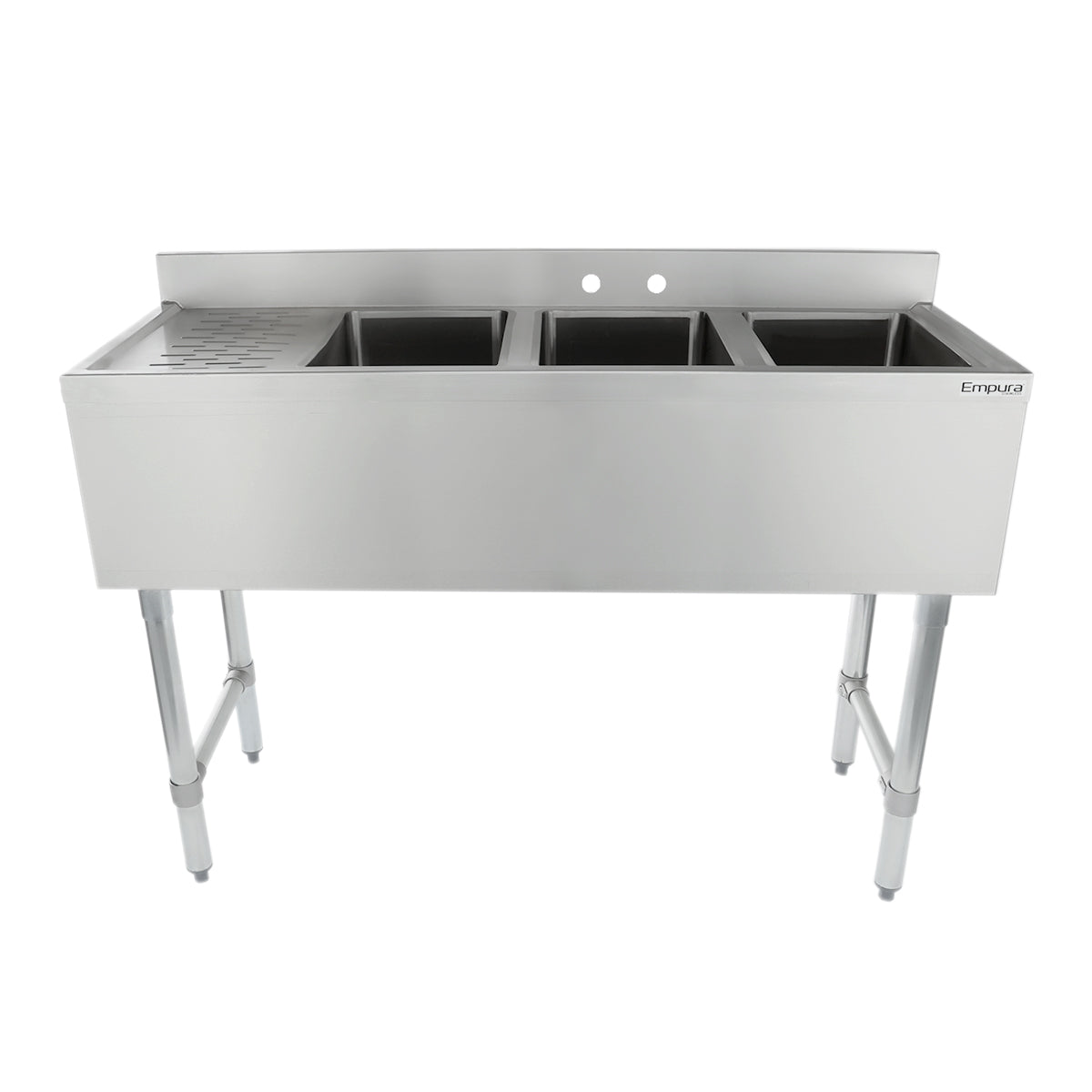 A stainless steel 3 compartment commercial sink with deep basins, a ridged drainboard on the left, sturdy legs, and a backsplash with two faucet holes—ideal as an underbar sink for industrial or restaurant kitchen use. Empura logo on right front corner.