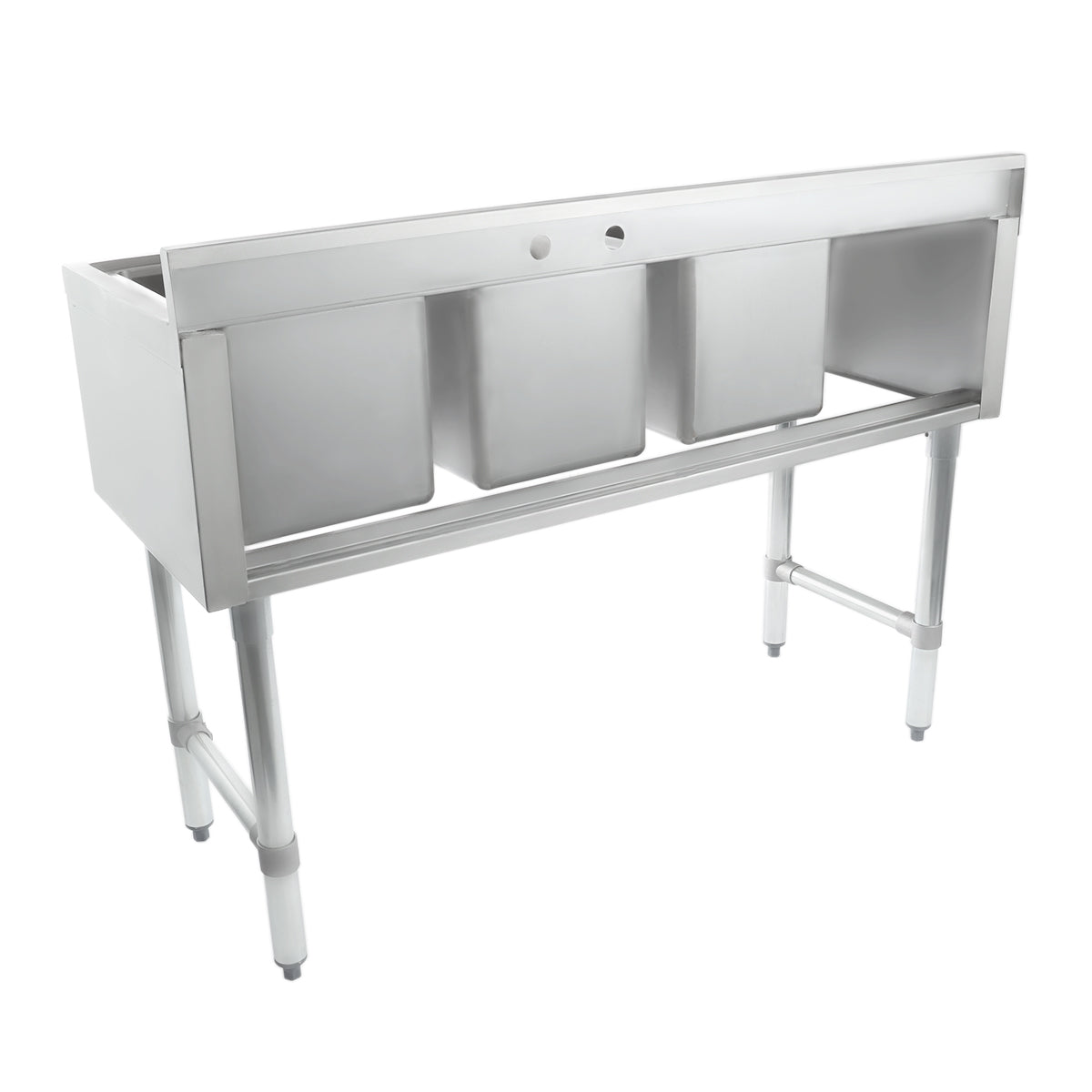 A stainless steel 3 compartment underbar sink with deep square basins and four sturdy legs. The high backsplash and faucet opening make it ideal for restaurant or industrial kitchens. Its surface is clean, shiny, and reflects light beautifully.