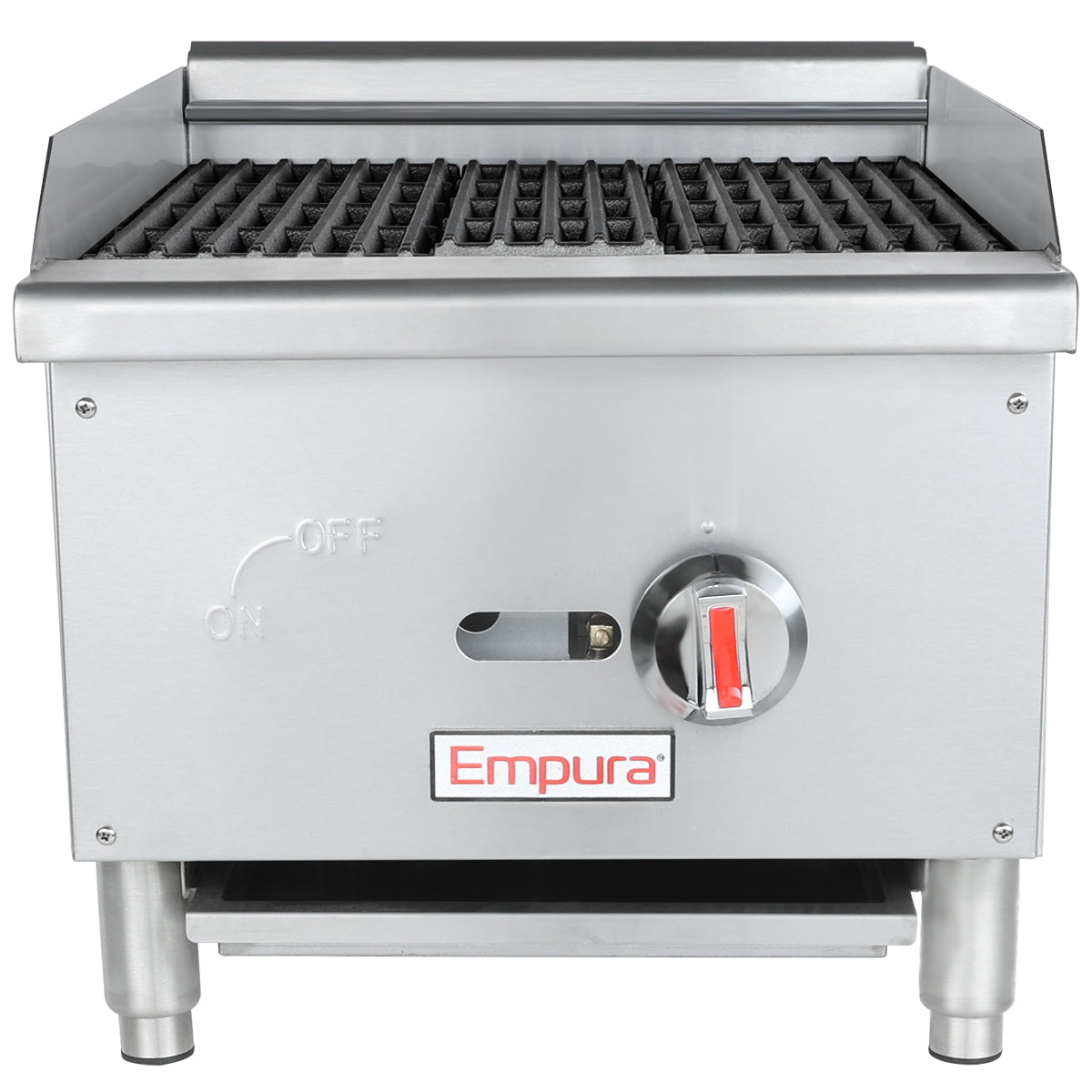 Front view of an Empura charbroiler features black grilling grates, a control knob with red markings, ON/OFF labels, and four sturdy legs. The stainless steel countertop charbroiler displays the Empura logo on the front panel.