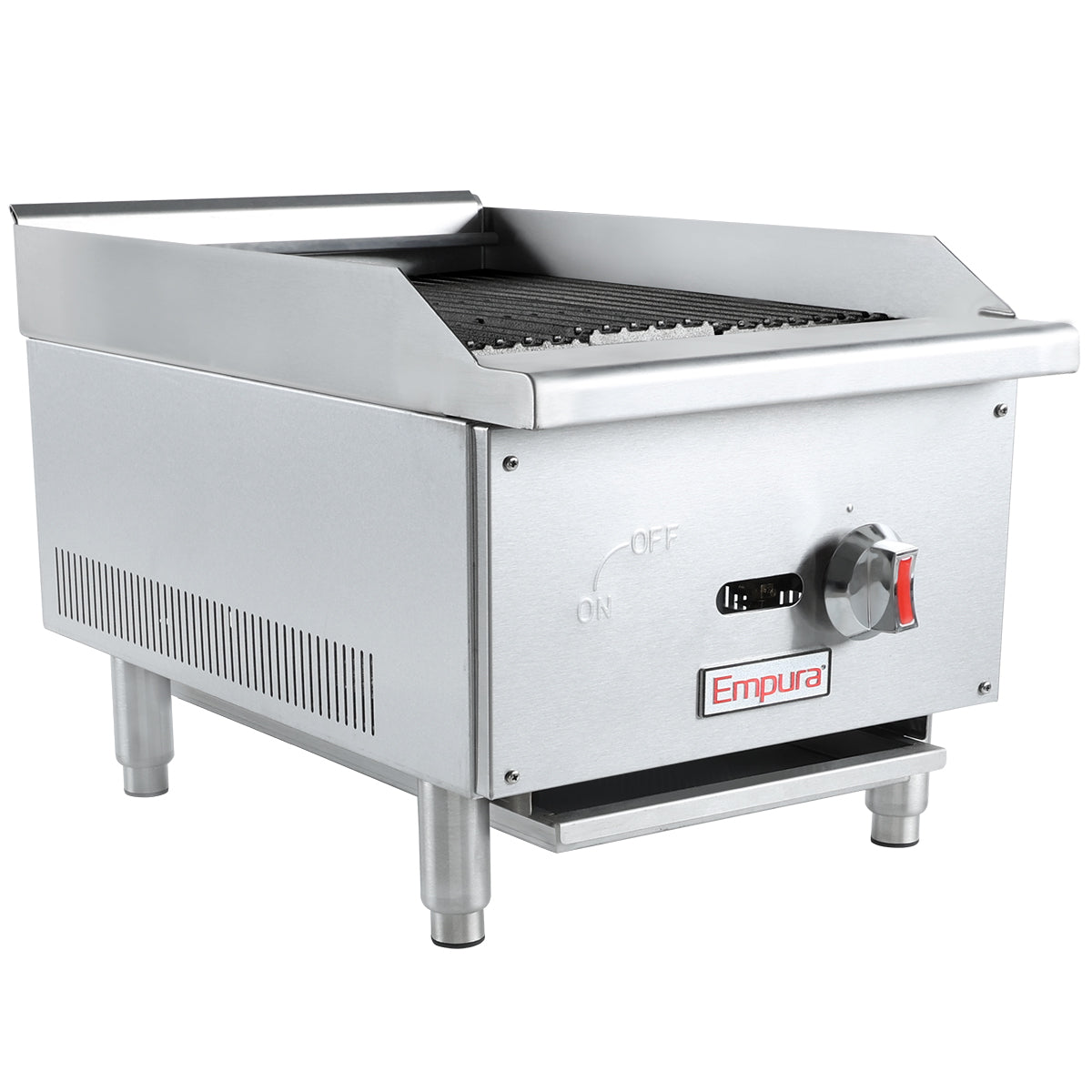 The Empura charbroiler is a stainless steel countertop charbroiler featuring a grate, sturdy legs, ventilation slits, and a red temperature control dial with clear on/off indicators—perfect for efficient grilling in any kitchen.