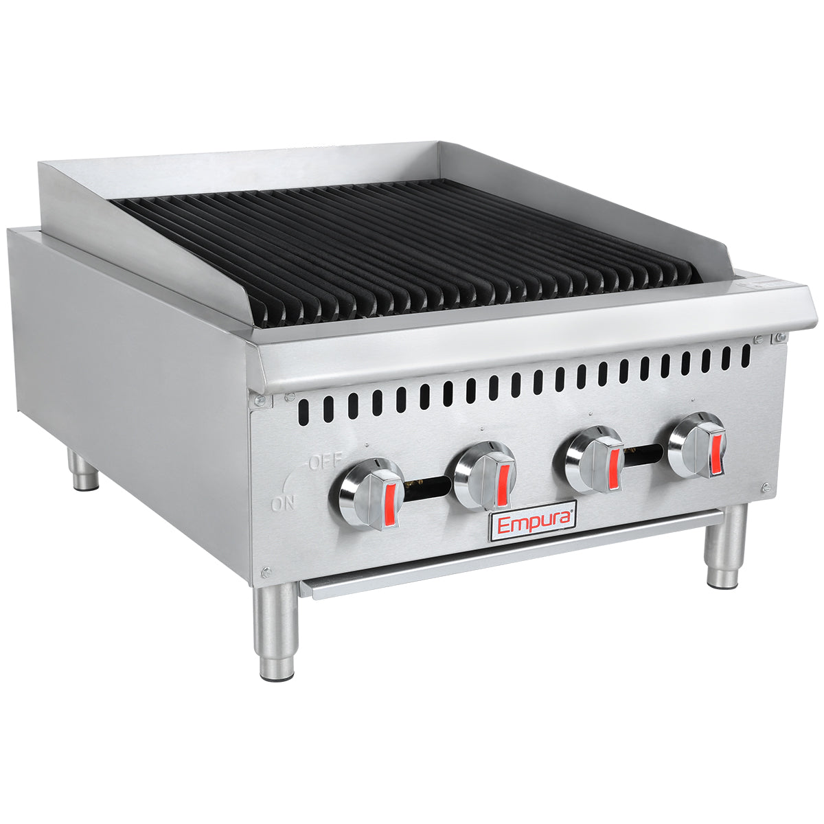 A stainless steel countertop charbroiler with three red-accented control knobs and a black ridged grilling surface. The Empura brand is on the front. This heavy duty gas charbroiler stands on four metal legs and has ventilation slots above the knobs.