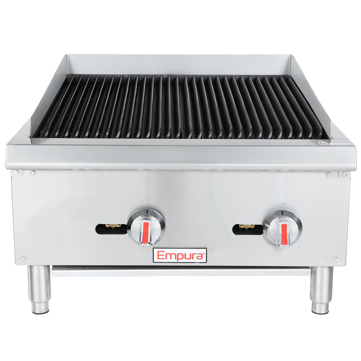 A stainless steel Empura gas charbroiler with two red-and-silver control knobs, raised ridged grill surface, and sturdy legs. The Empura logo is displayed on the front panel of this commercial countertop charbroiler.