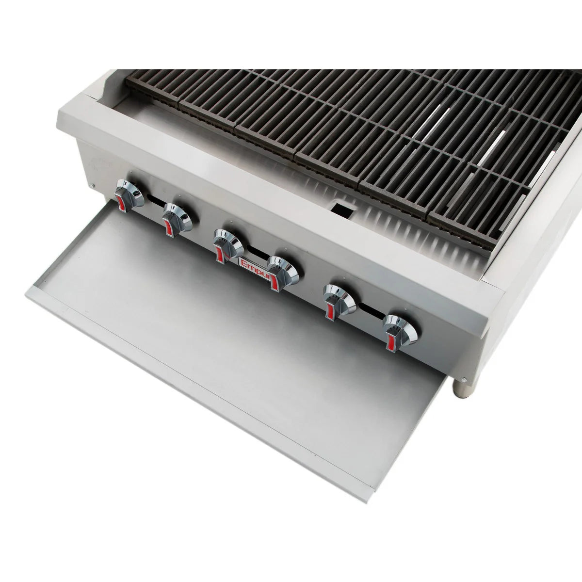 A close-up view of an Empura ECB-36 heavy duty gas charbroiler shows four control knobs with red markings, a large cooking grate on top, and a pull-out drip tray partially extended at the bottom of this countertop charbroiler.