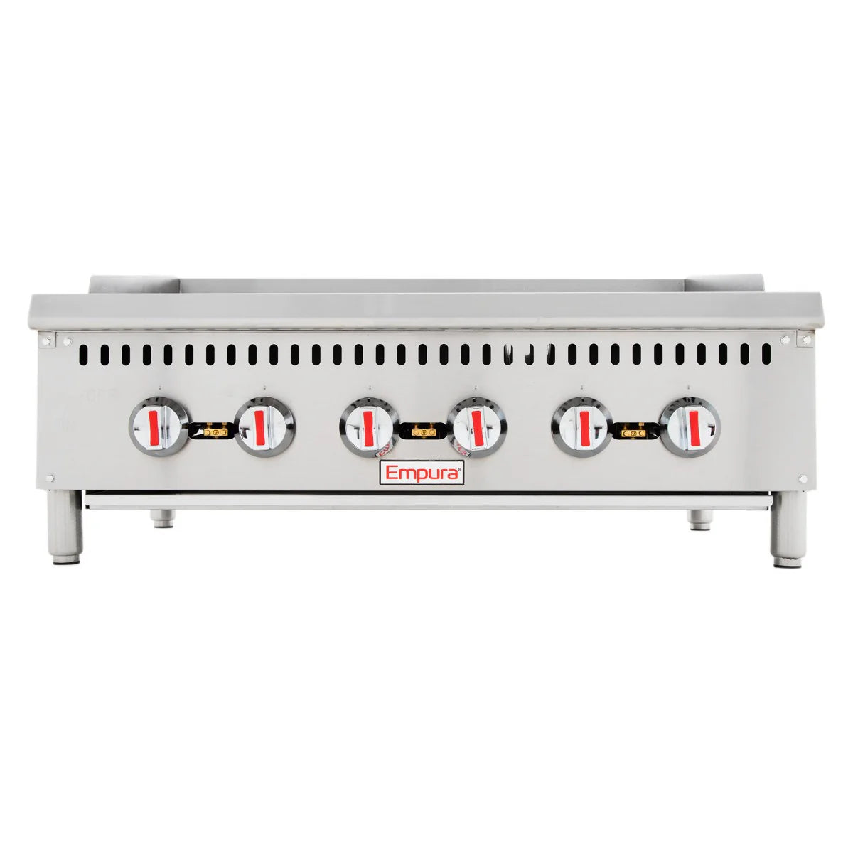 A silver Heavy Duty Gas Charbroiler, the Empura ECB-36, features six front control knobs with red indicators and the “Empura” brand in red below. This commercial countertop charbroiler stands on four sturdy short legs.