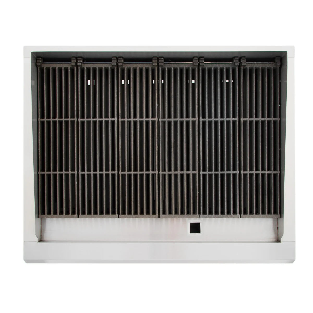 A rectangular, stainless steel Empura ECB-36 kitchen exhaust hood with vertical metal filters. The front view shows evenly spaced black slats and a small square button or indicator near the bottom center on a white background.