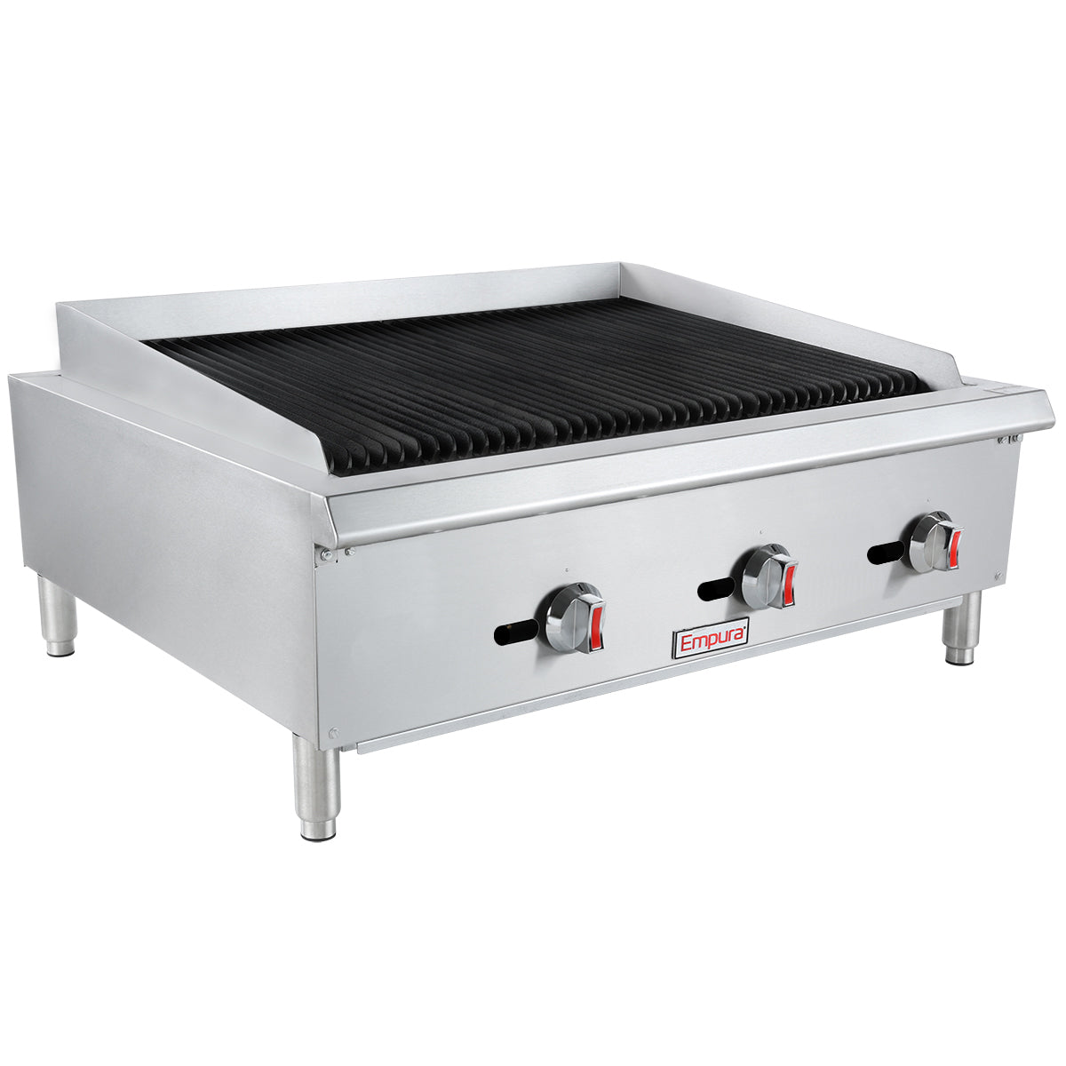 This Empura charbroiler is a large commercial stainless steel gas charbroiler with three control knobs, a raised back, and sturdy legs. The countertop charbroiler features parallel black grates and the brand name “Empura” on the front panel.