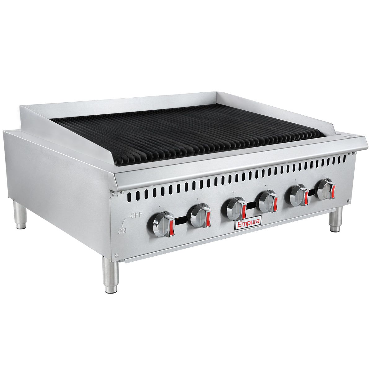 A heavy duty gas charbroiler with four control knobs, each with red markings, sits on four legs. The countertop charbroiler features black grates, front ventilation holes, and the Empura logo centered on the panel.