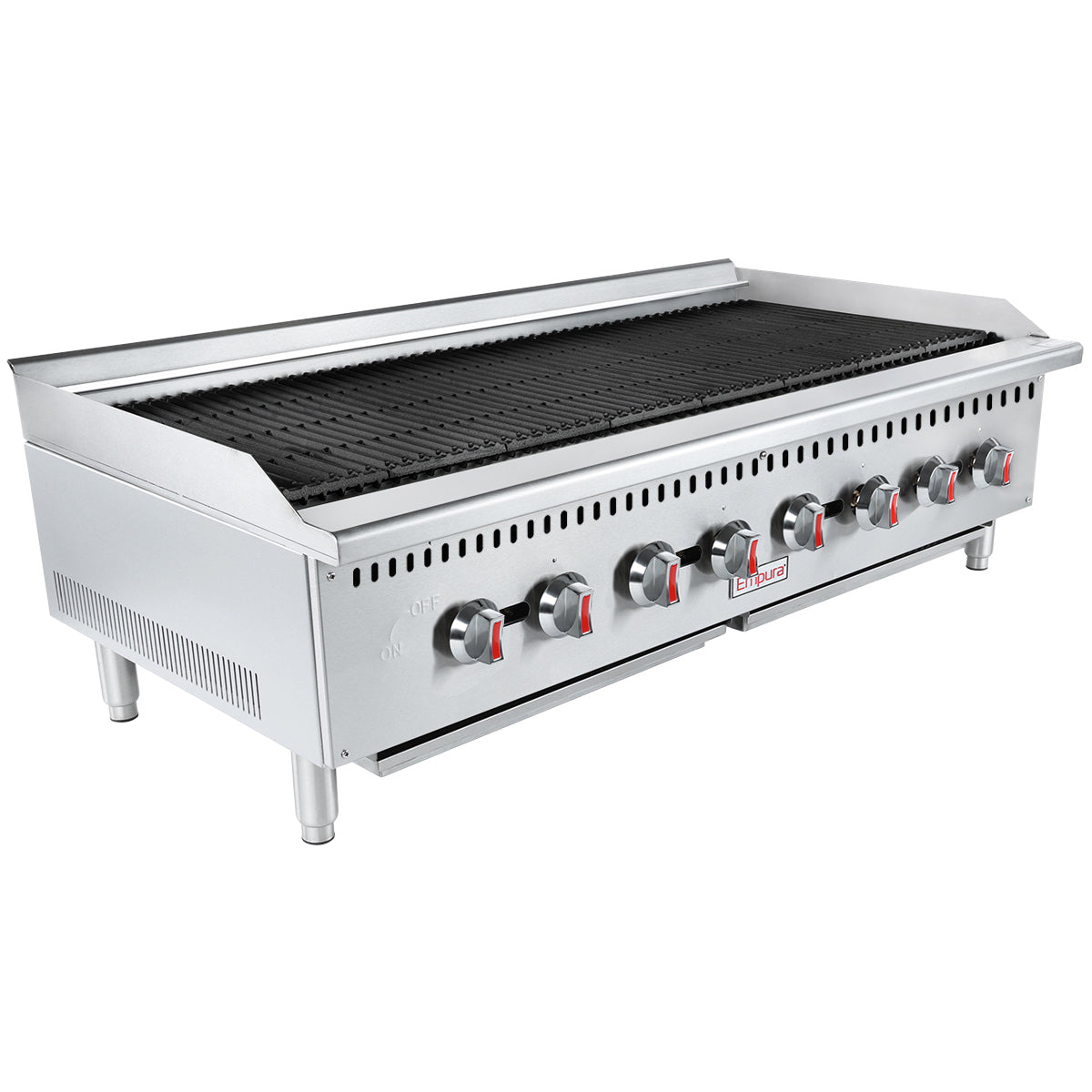 A heavy duty gas charbroiler with a stainless steel body, eight red and black control knobs, black grill grates, and short sturdy legs. This countertop charbroiler is perfect for grilling food in a professional kitchen or restaurant setting.