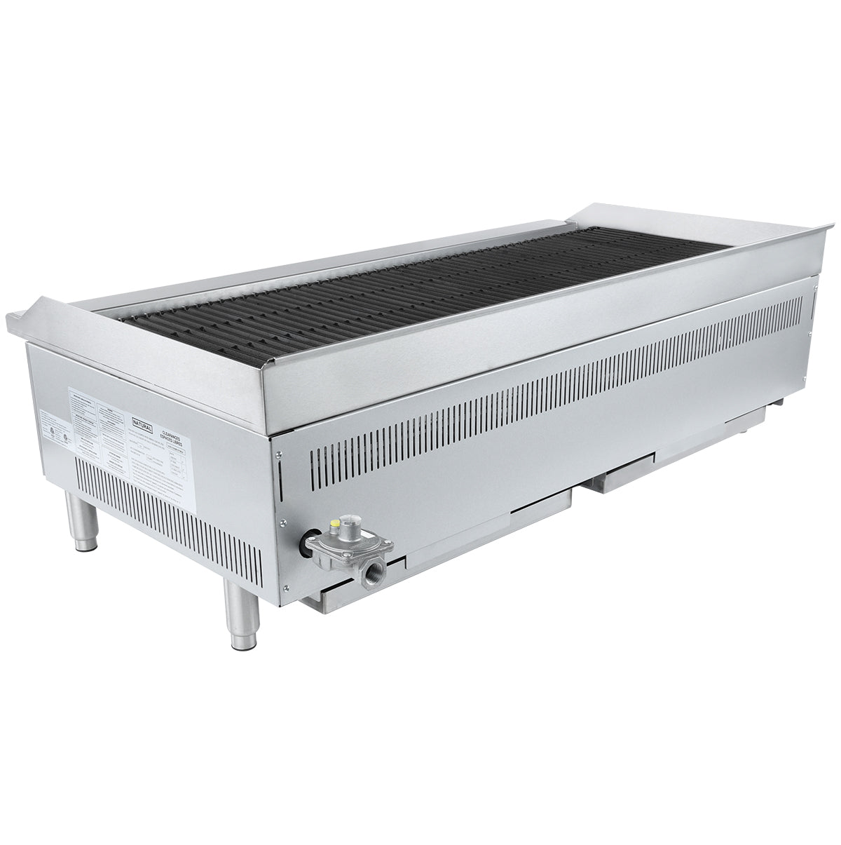 A heavy duty gas charbroiler with control knob, vented sides, grilling surface, and four short legs, designed for countertop use in restaurants or kitchens. The front and sides feature ventilation slits plus a label with instructions.