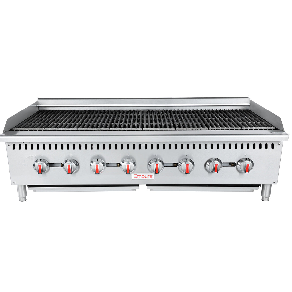 A large commercial stainless steel countertop charbroiler with eight red-and-silver control knobs, sturdy legs, and a raised grill surface. The brand Empura is labeled in red at the center of the clean, industrial front panel.