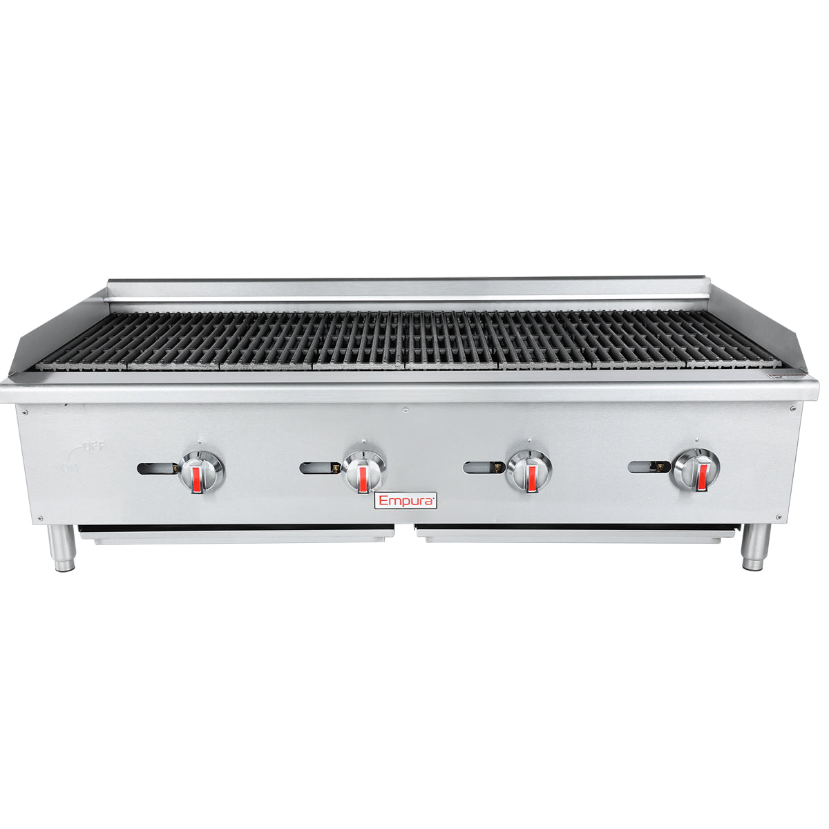 The Empura charbroiler features four red-handled control knobs, a wide grill grate surface, and a raised backsplash. This commercial stainless steel countertop charbroiler stands on short legs, with the Empura brand name on the front panel.