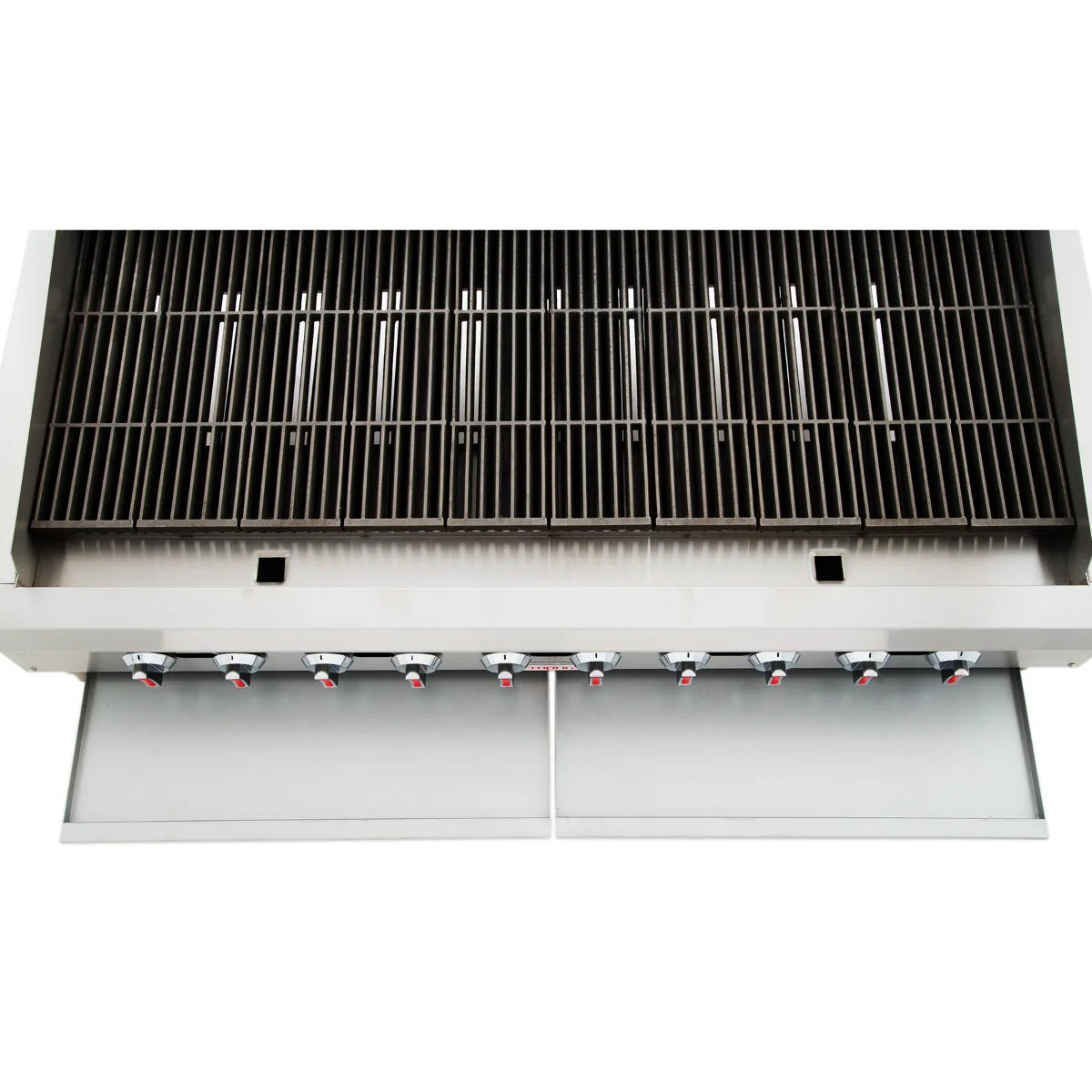Overhead view of a heavy duty gas charbroiler with metal grilling grates, six control knobs with red indicators, and a pull-out grease tray. This 60 inch charbroiler sits on a plain white background.
