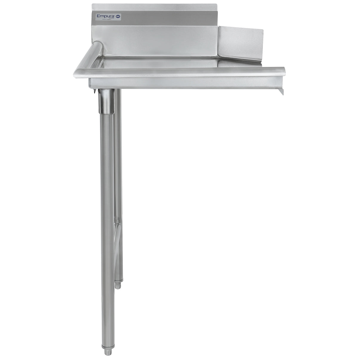 A stainless steel worktop commercial clean dishtable with a backsplash and raised edges, supported by two front legs. Smooth, sloped surface ensures drainage. The Empura brand label is on the NSF-certified backsplash.