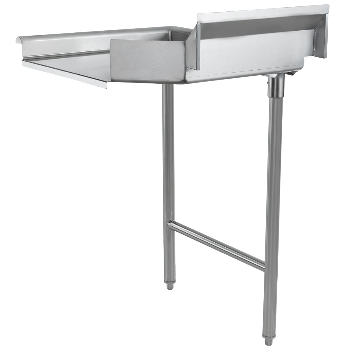 A stainless steel commercial sink with an NSF-certified clean dishtable, a backsplash, and two sturdy cylindrical legs. The deep rectangular basin on the right and angled drainboard on the left ensure efficient water drainage and industrial functionality.