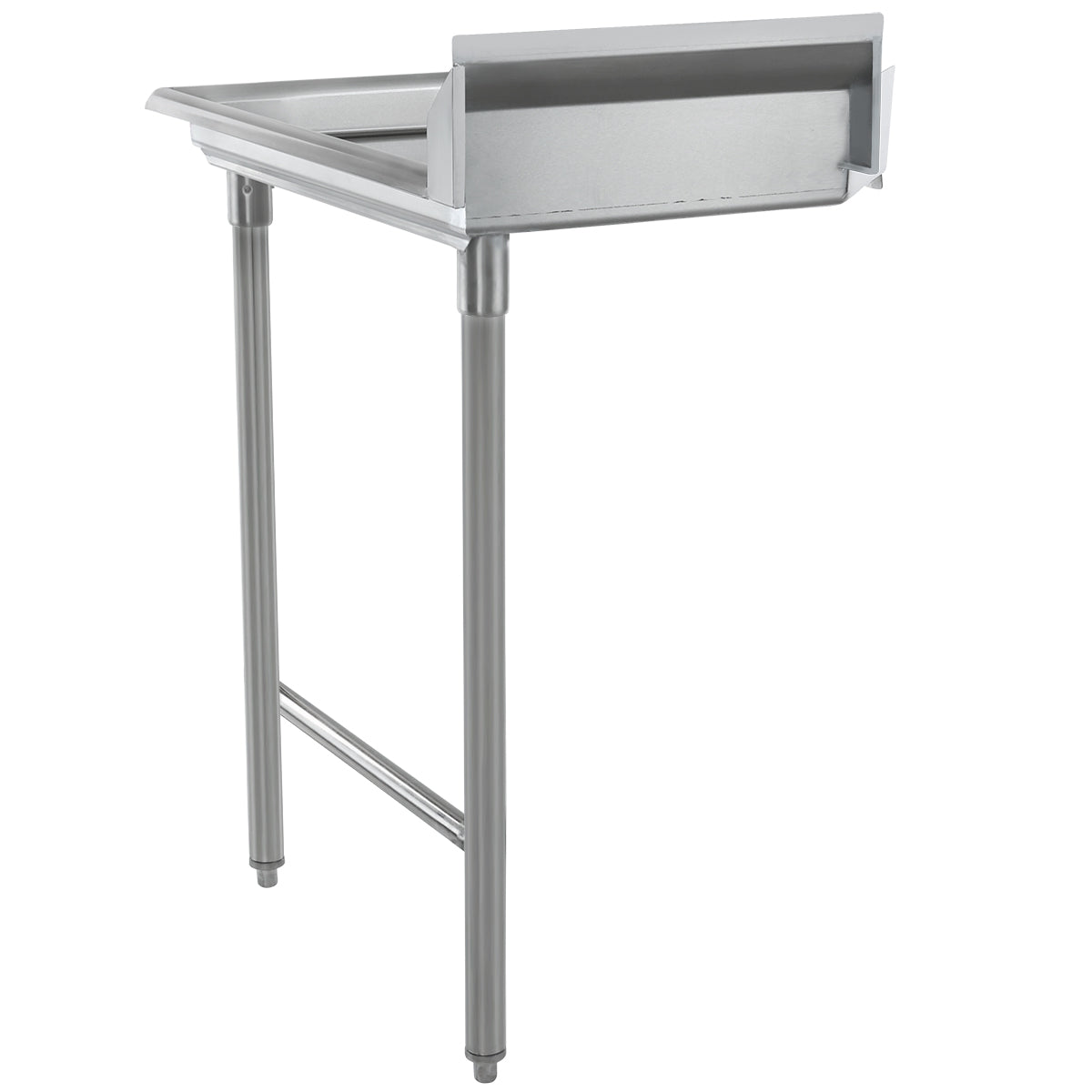 A stainless steel clean dishtable with NSF certification, featuring a sturdy worktop, two front legs, backsplash, and a raised edge—ideal for efficient use in any professional kitchen setting.