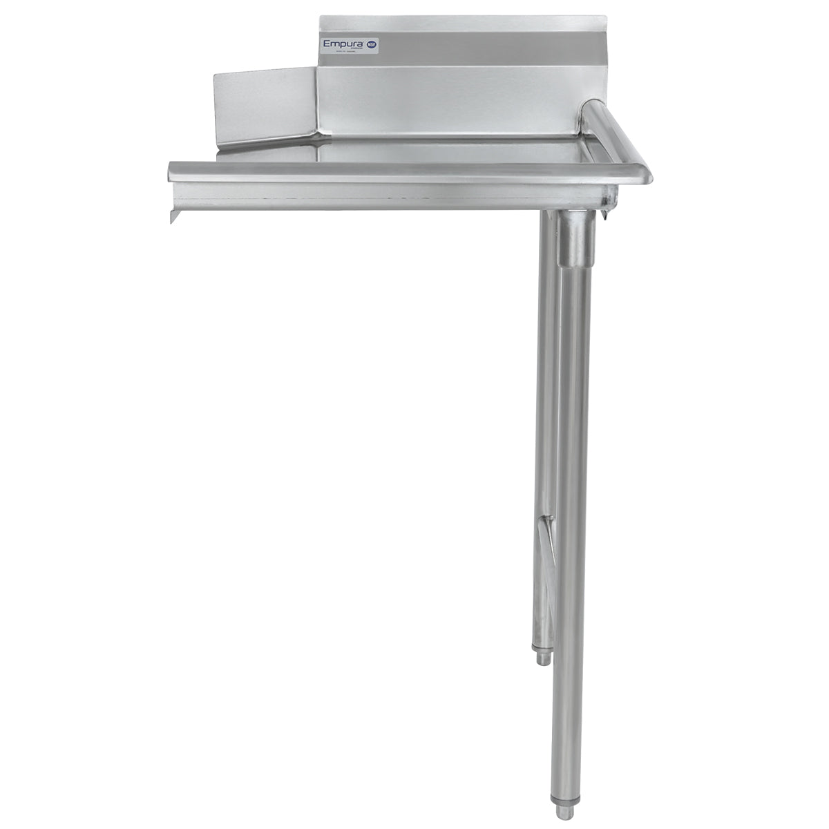 A stainless steel worktop commercial dish table with a raised back, left-side splash guard, and a single supporting leg on the right. NSF certified, it offers a clean, industrial appearance ideal for any kitchen setting.