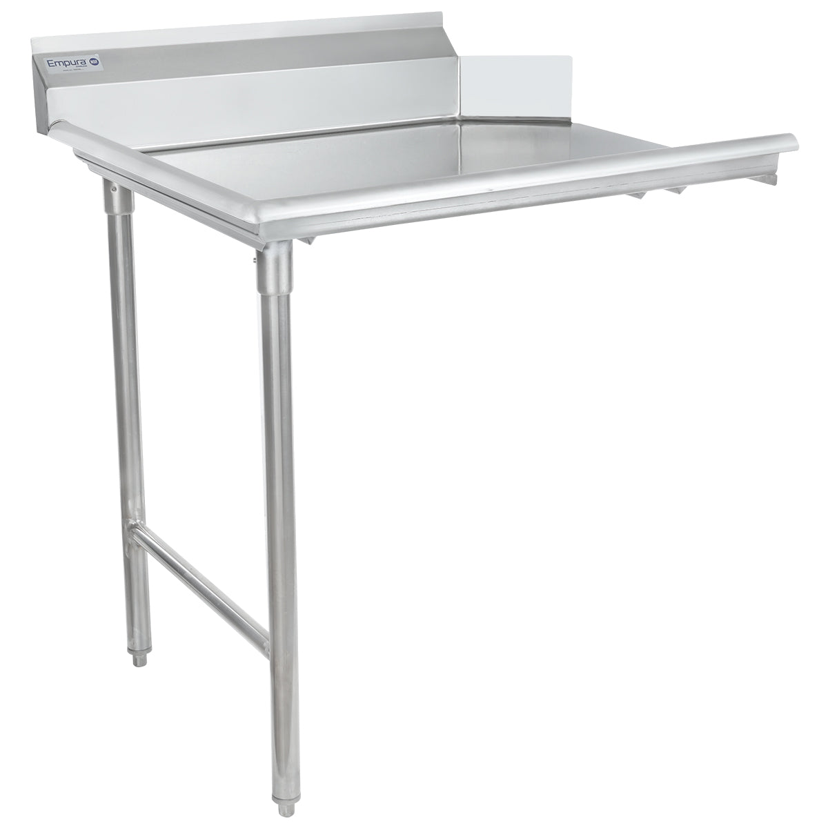 A stainless steel worktop commercial table with a raised backsplash on two sides. NSF certified, it features an open lower area, three cylindrical legs, and a support bar. The smooth surface and curved front edge ensure easy cleaning—ideal as a clean dishtable.