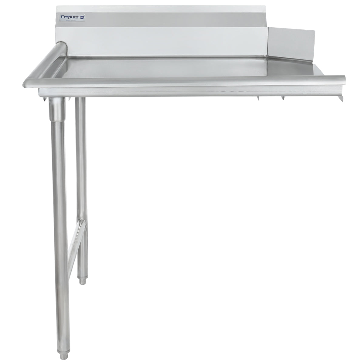 A stainless steel commercial sink table with an NSF-certified clean dishtable design, featuring a backsplash, one angled lower leg, and raised side edges. Positioned left with open space on the right, perfect for dishwashing or food prep.