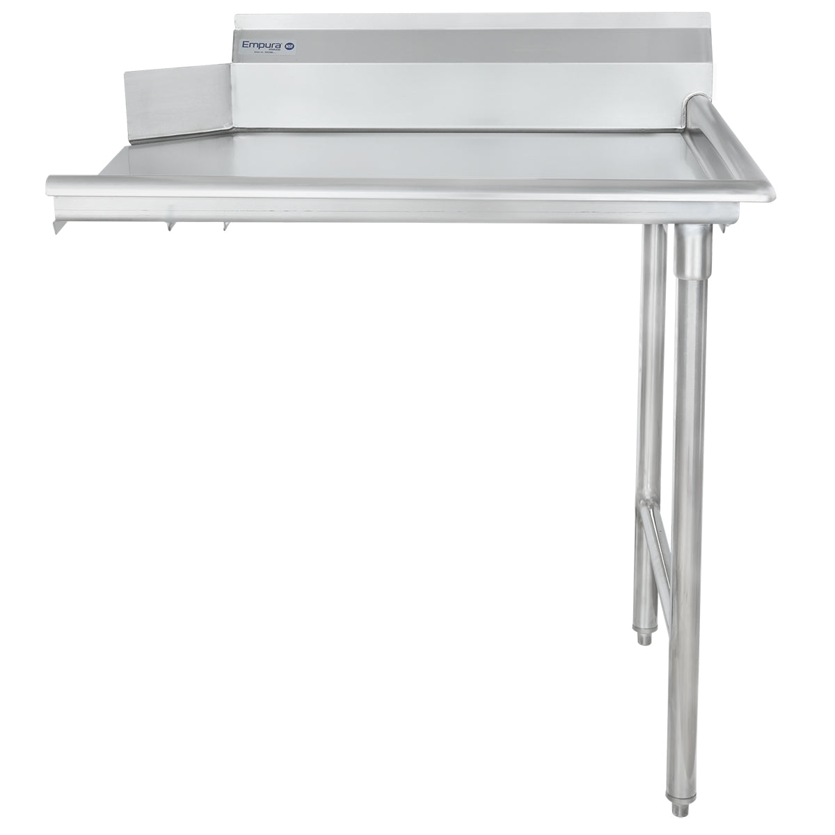 A commercial stainless steel work table featuring an NSF-certified stainless steel worktop, raised backsplash, and two sturdy legs. Its minimalist design is ideal for kitchens or food prep areas, perfect as a Clean Dishtable solution.
