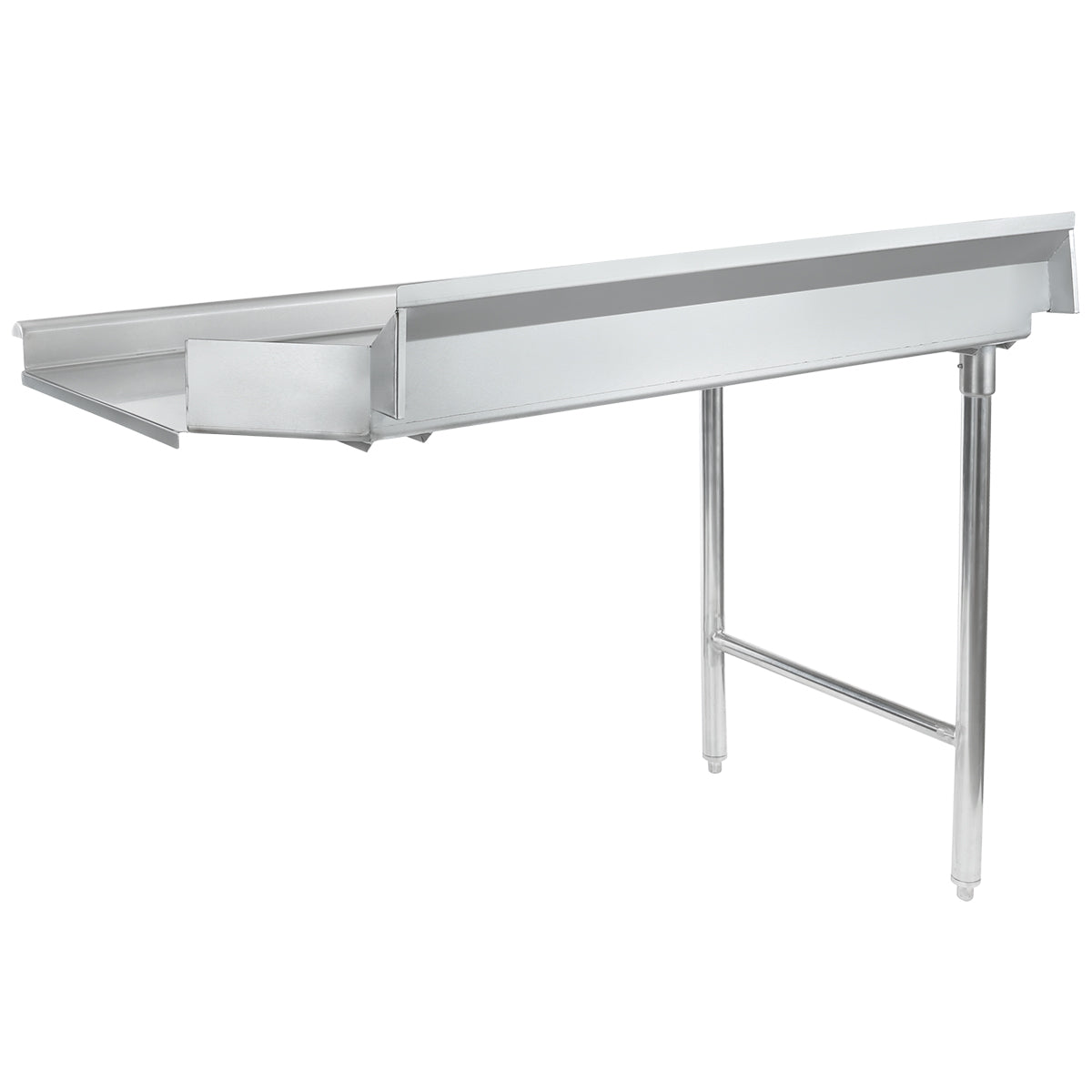 A stainless steel clean dishtable drainboard with two metal legs, an angled surface with raised edges, and a side outlet for water. NSF certified, its utilitarian design is ideal for a professional kitchen or dishwashing area.