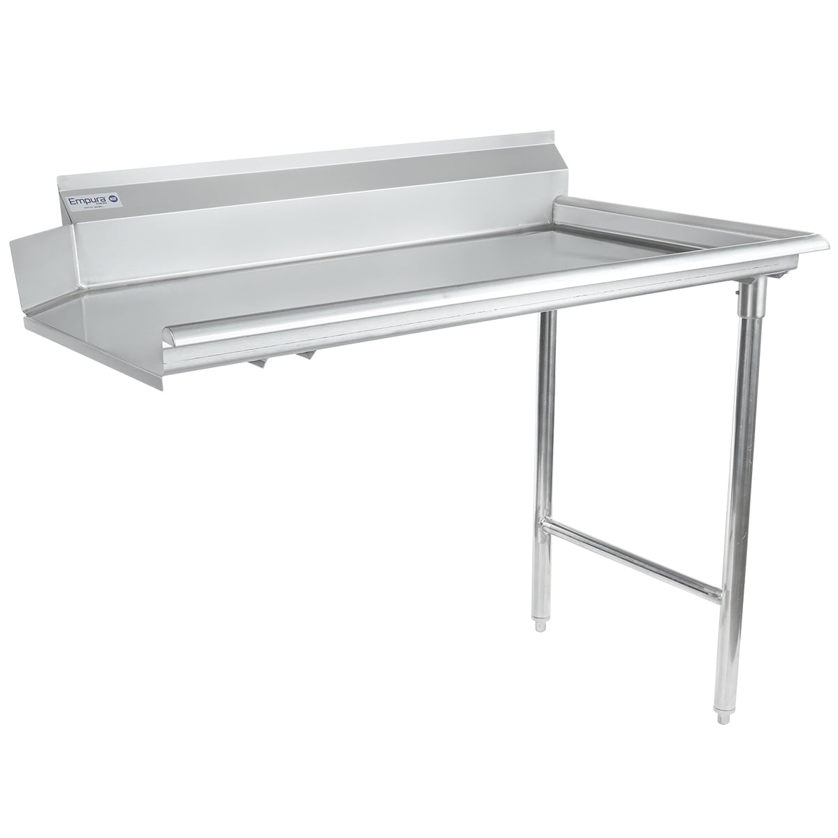 A 304 stainless steel work table with a backsplash, two sturdy front legs, and solid back support. The tabletop has raised edges on three sides to prevent spills. Clean, industrial look—NSF certified for kitchen or commercial use.