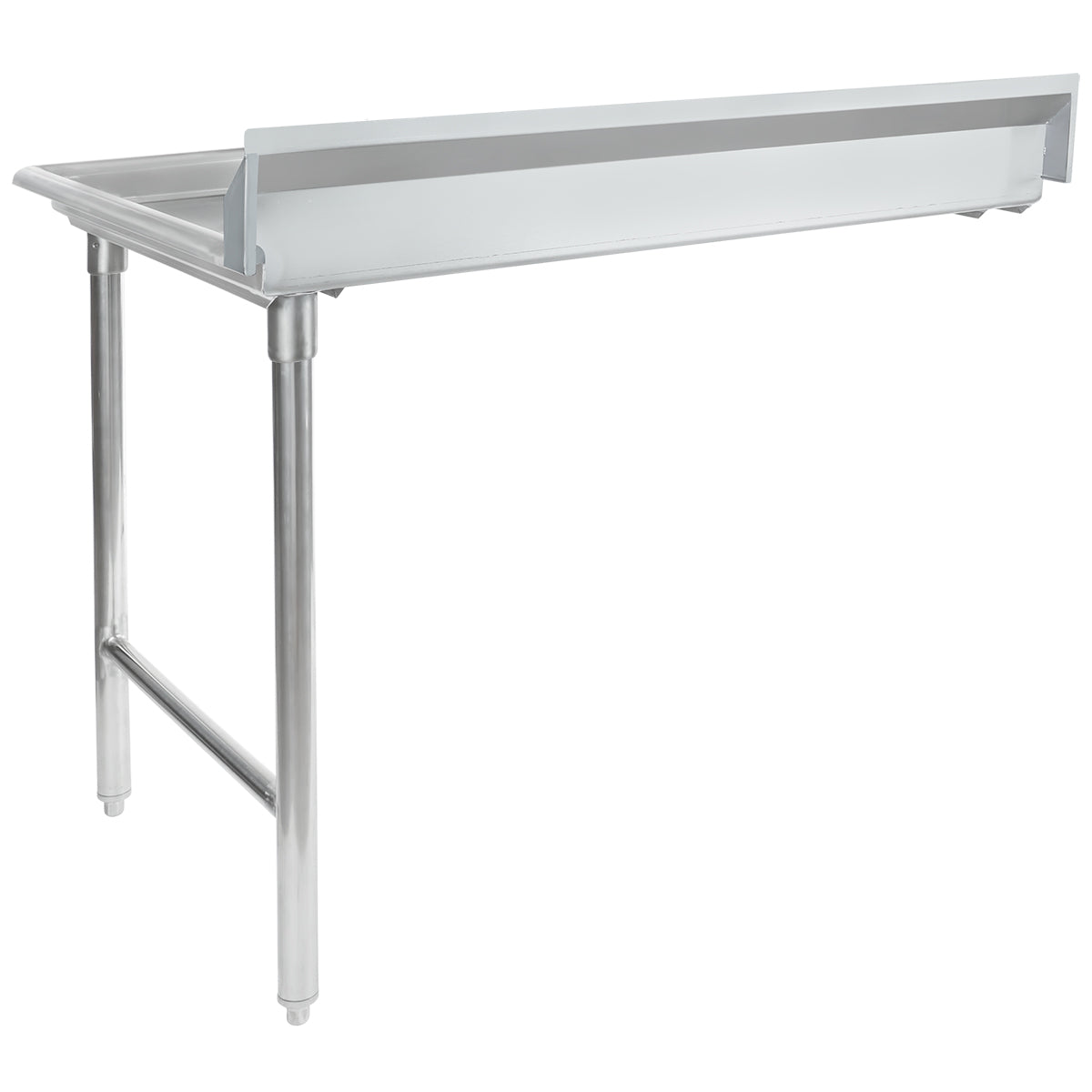 A clean dishtable made of 304 stainless steel with two sturdy cylindrical legs and a raised backsplash on three sides, designed for food prep or industrial use. NSF certified, it features a smooth surface and an open lower area without shelving.