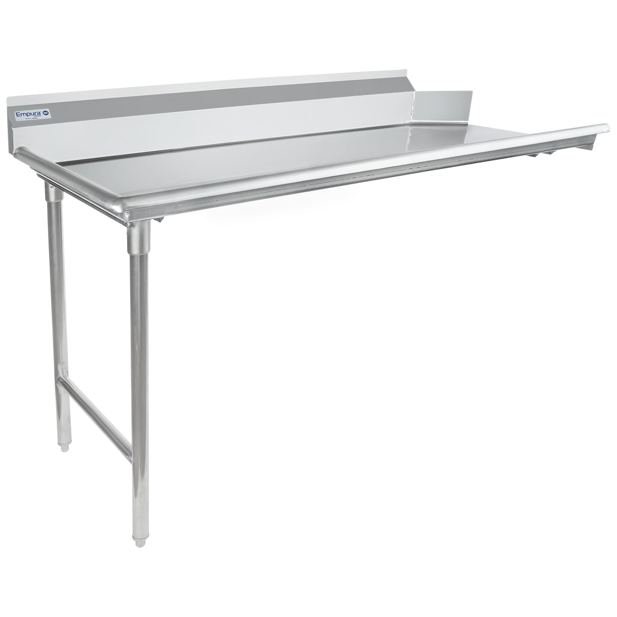 A stainless steel worktop commercial table with three legs and a raised backsplash along the back and right edge. NSF certified, this clean dishtable features a smooth, flat surface and open underside, ideal for kitchens or food service settings.