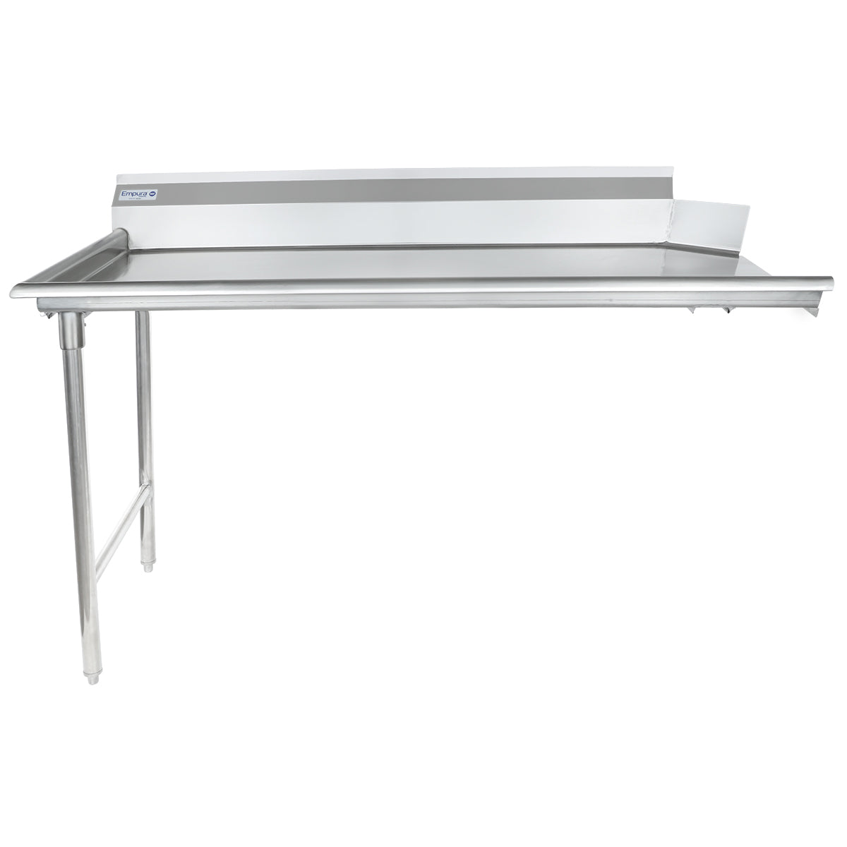 A stainless steel worktop commercial table with NSF certification, featuring a raised backsplash and undershelf support on the left. Its flat, smooth surface and cylindrical legs make it ideal for kitchens, industrial spaces, or as a clean dishtable.