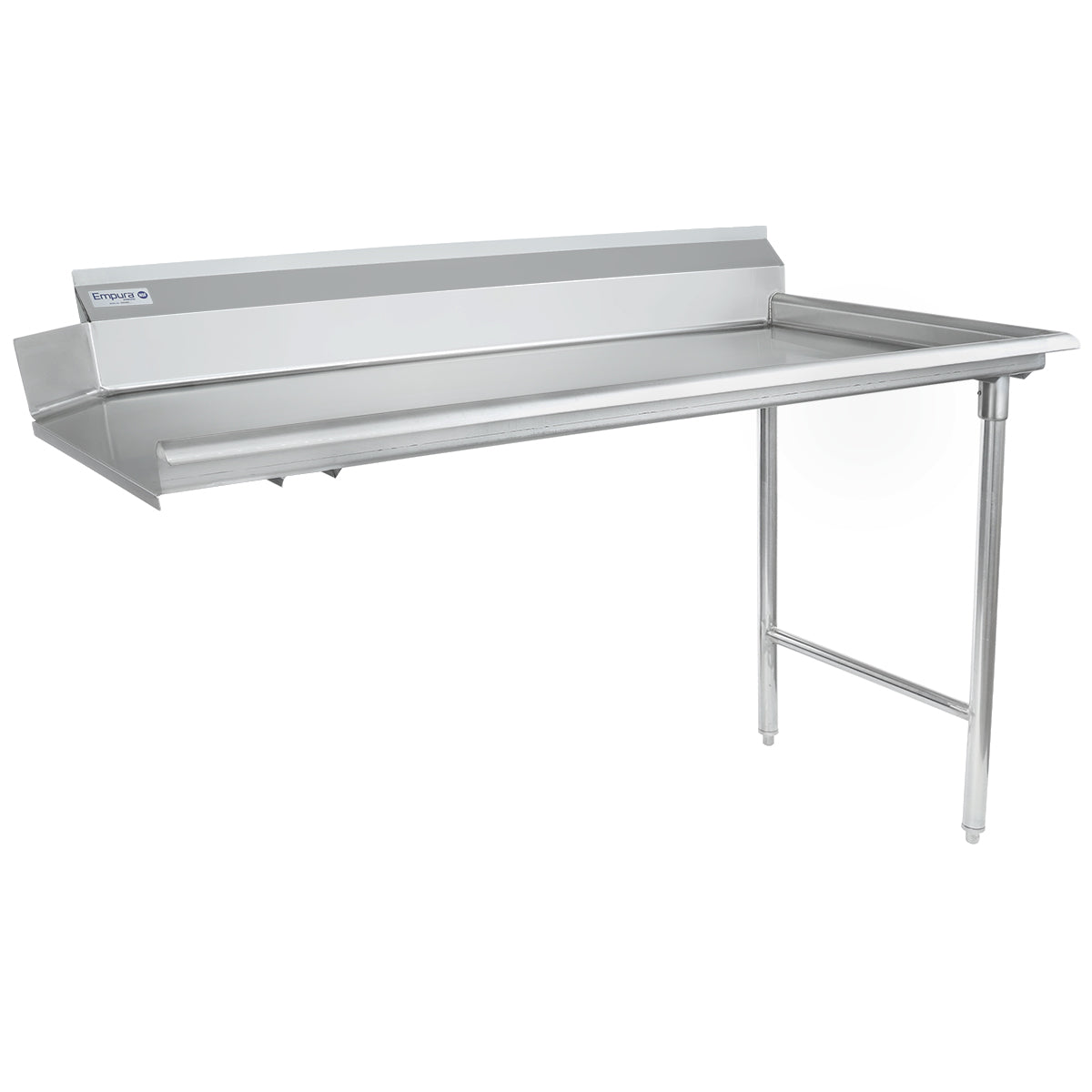A stainless steel commercial work table with NSF-certified clean dishtable design, featuring a raised backsplash, two front legs, and an open side for under-counter access. Its flat, reinforced surface is ideal for kitchens or food prep areas.