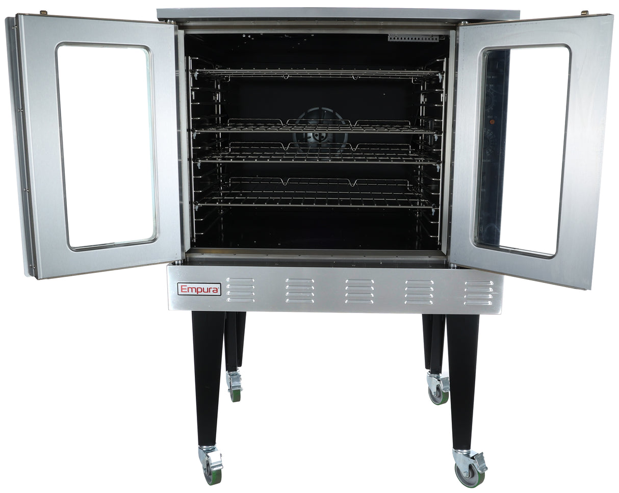 A stainless steel Empura commercial convection oven with both glass doors open, showing three wire racks inside. The liquid propane oven stands on four black legs with locking caster wheels for mobility. The interior is empty and clean.