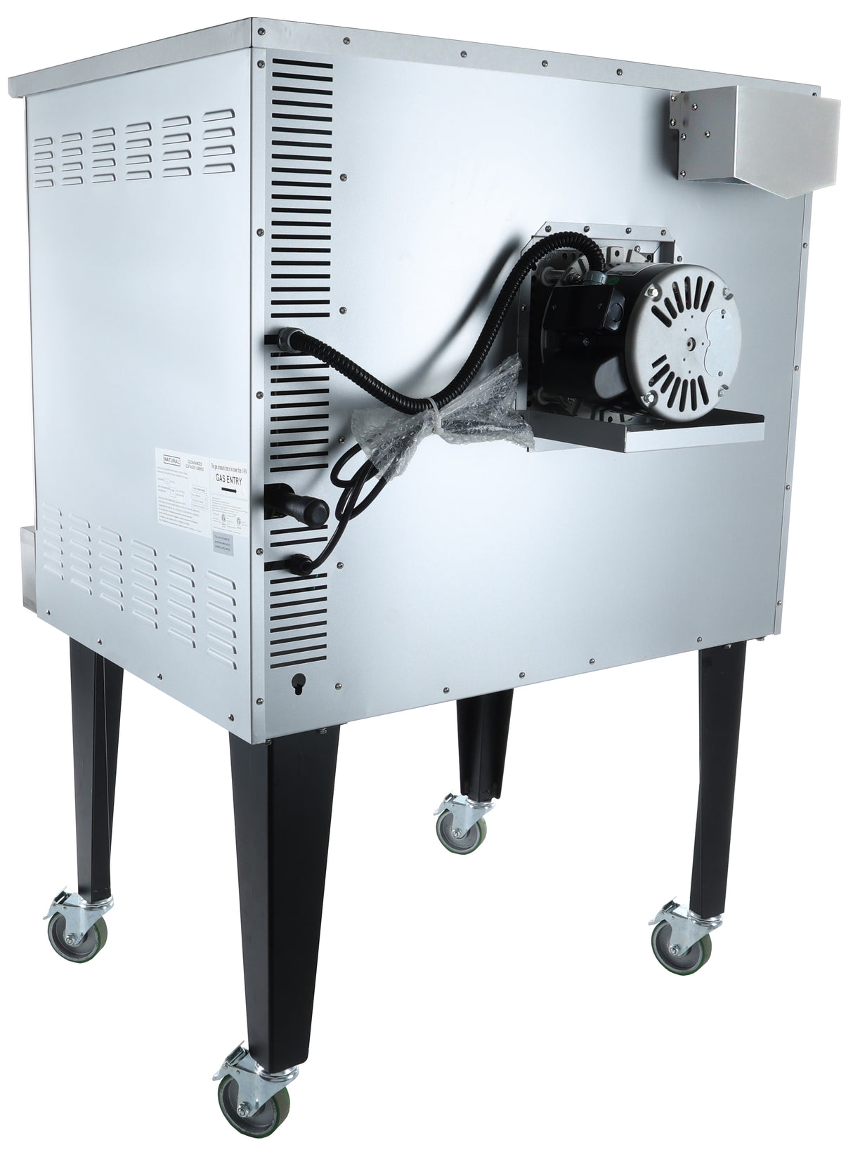 A large stainless steel Empura industrial machine on four black legs with caster wheels. The side features a mounted electric motor with ventilation grills and attached wiring; labels and vents are visible, similar to a convection oven. The background is plain white.