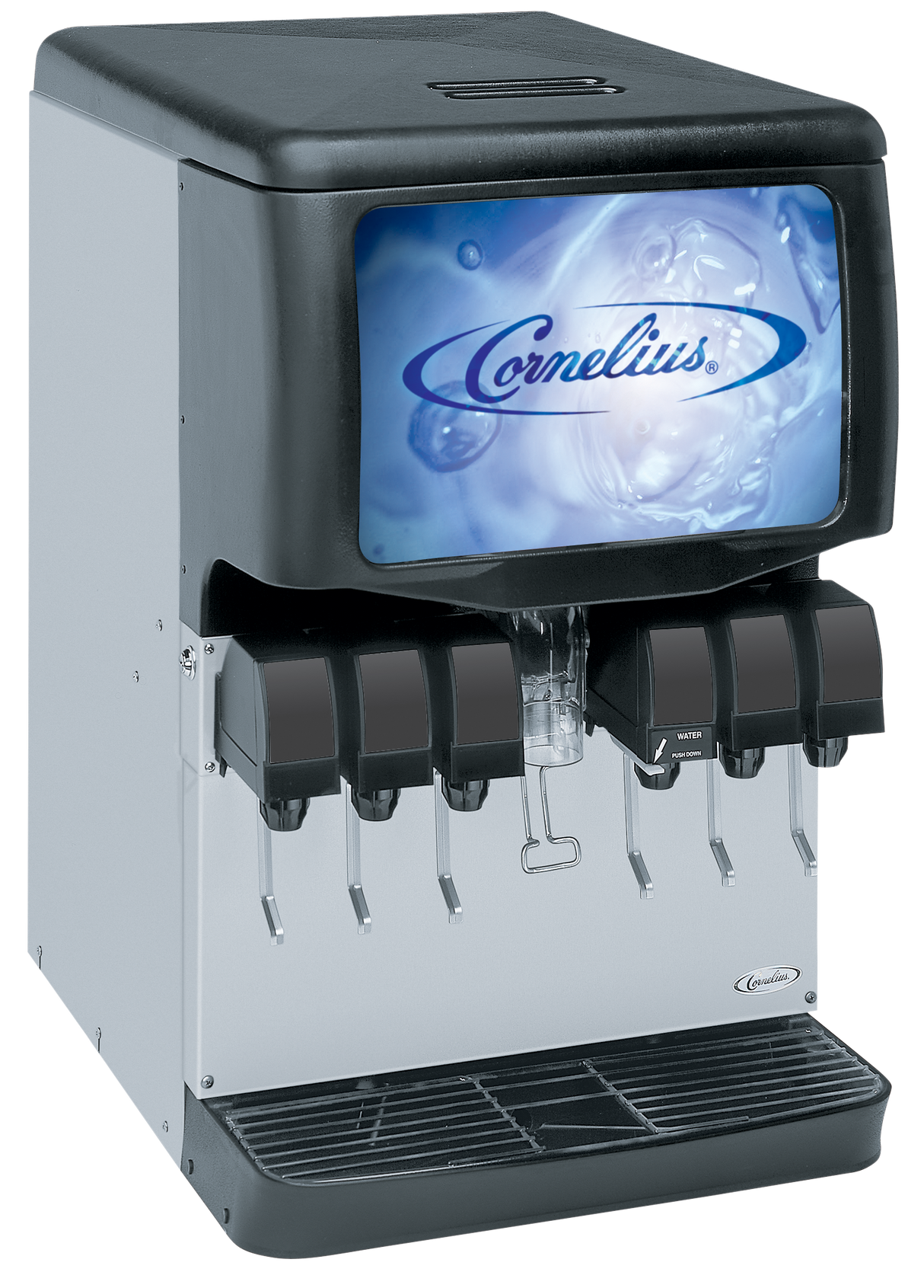 A commercial Cornelius Enduro 150 ice & post-mix beverage dispenser with six drink dispensers, a spacious drip tray, and a digital display showcasing the Cornelius logo over ice and water bubbles. The unit features a sleek silver and black design.