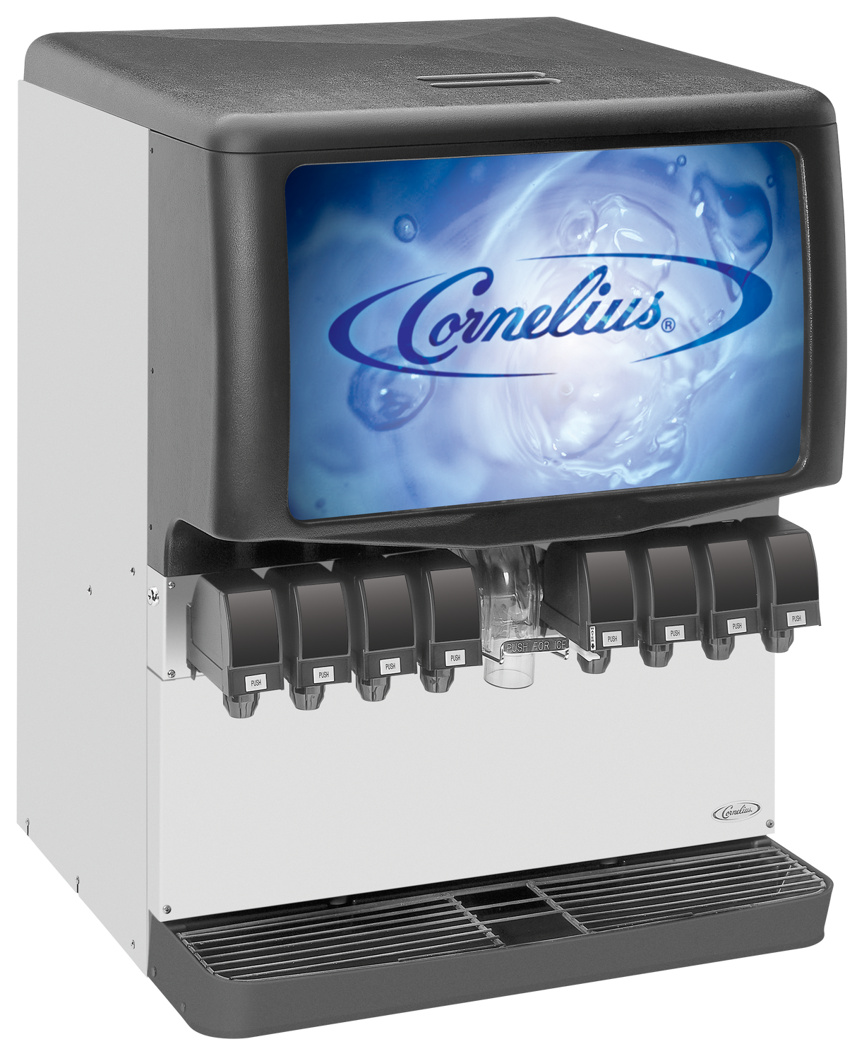 A commercial soda fountain machine with eight black sanitary lever valves. Mostly white with a black top, it features the Cornelius logo on a blue, watery front display and includes a drip tray at the base.