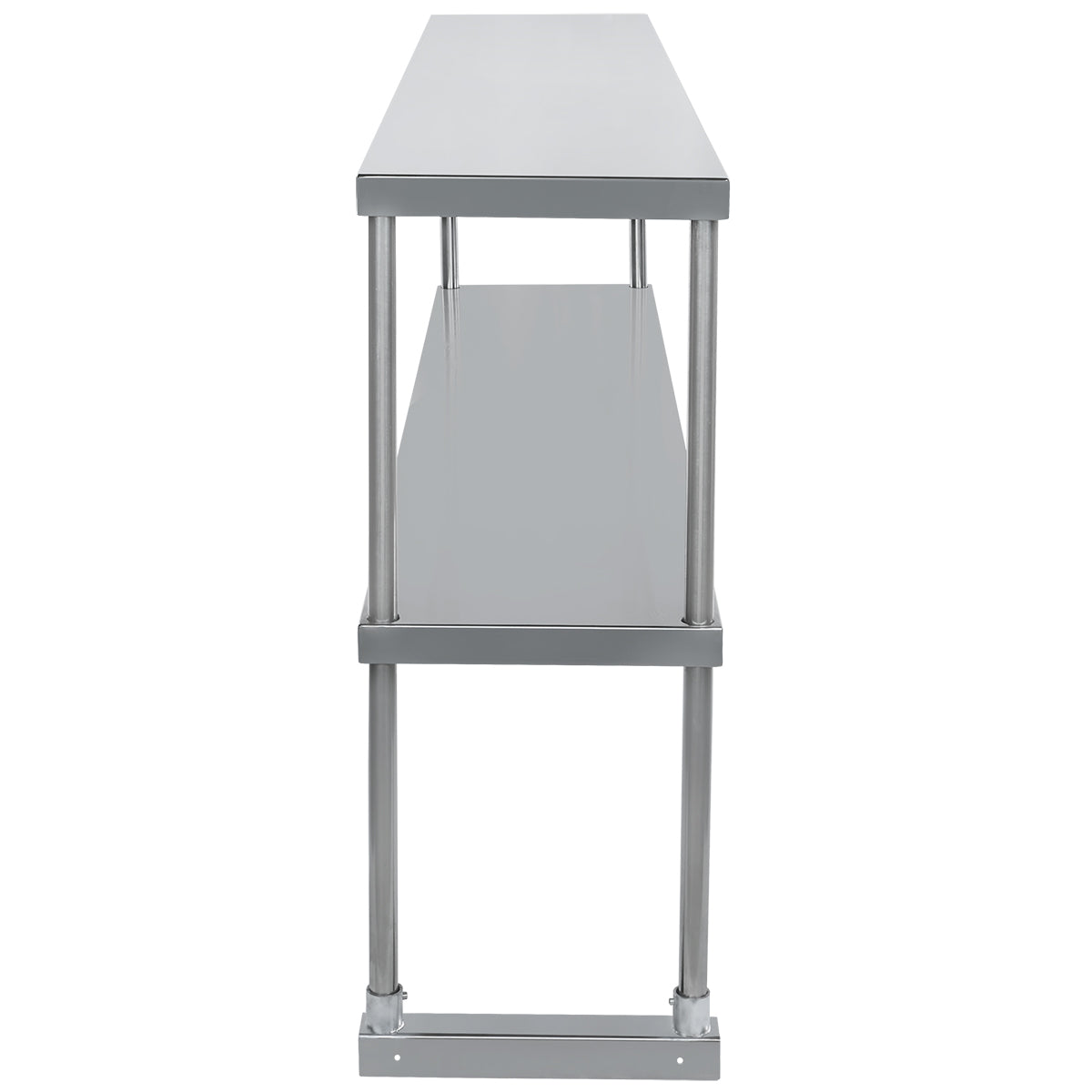 A stainless steel table viewed from the narrow end, featuring a smooth, reflective metallic finish, four cylindrical legs, and a lower shelf parallel to the tabletop—ideal for adding an optional table-mounted overshelf.