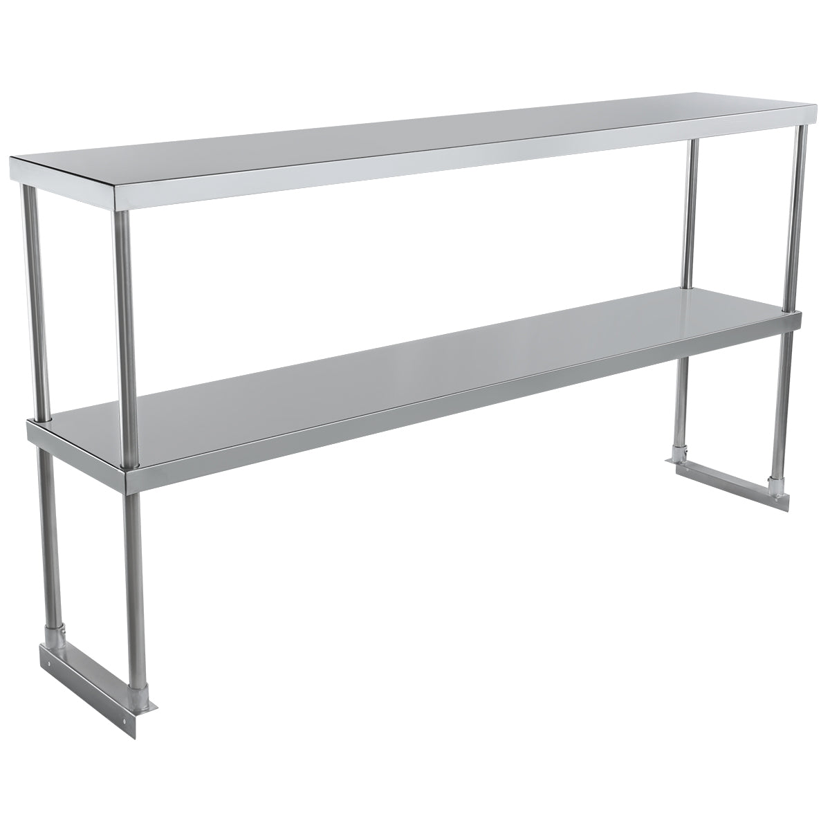A long, rectangular table-mounted stainless steel overshelf with two levels and open sides, supported by vertical metal rods at each corner and in the middle. Designed for commercial kitchens, its smooth, reflective surface ensures easy cleaning.