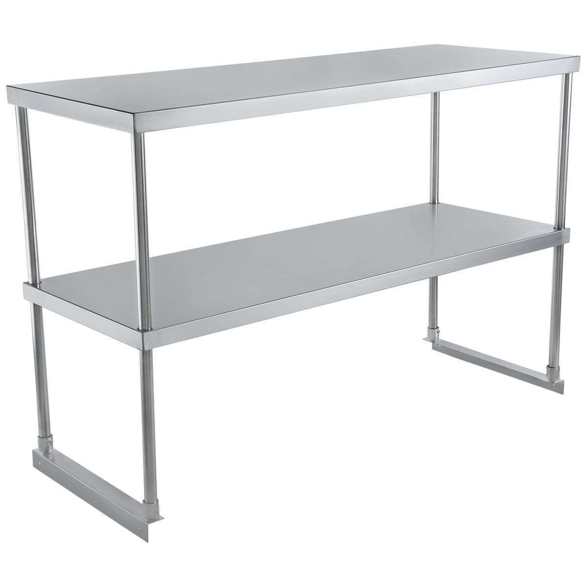 A table-mounted stainless steel overshelf with two flat rectangular tiers, supported by four round metal legs. Its sleek, industrial design is ideal for commercial kitchens or workspaces, offering extra storage or surface area above countertops.