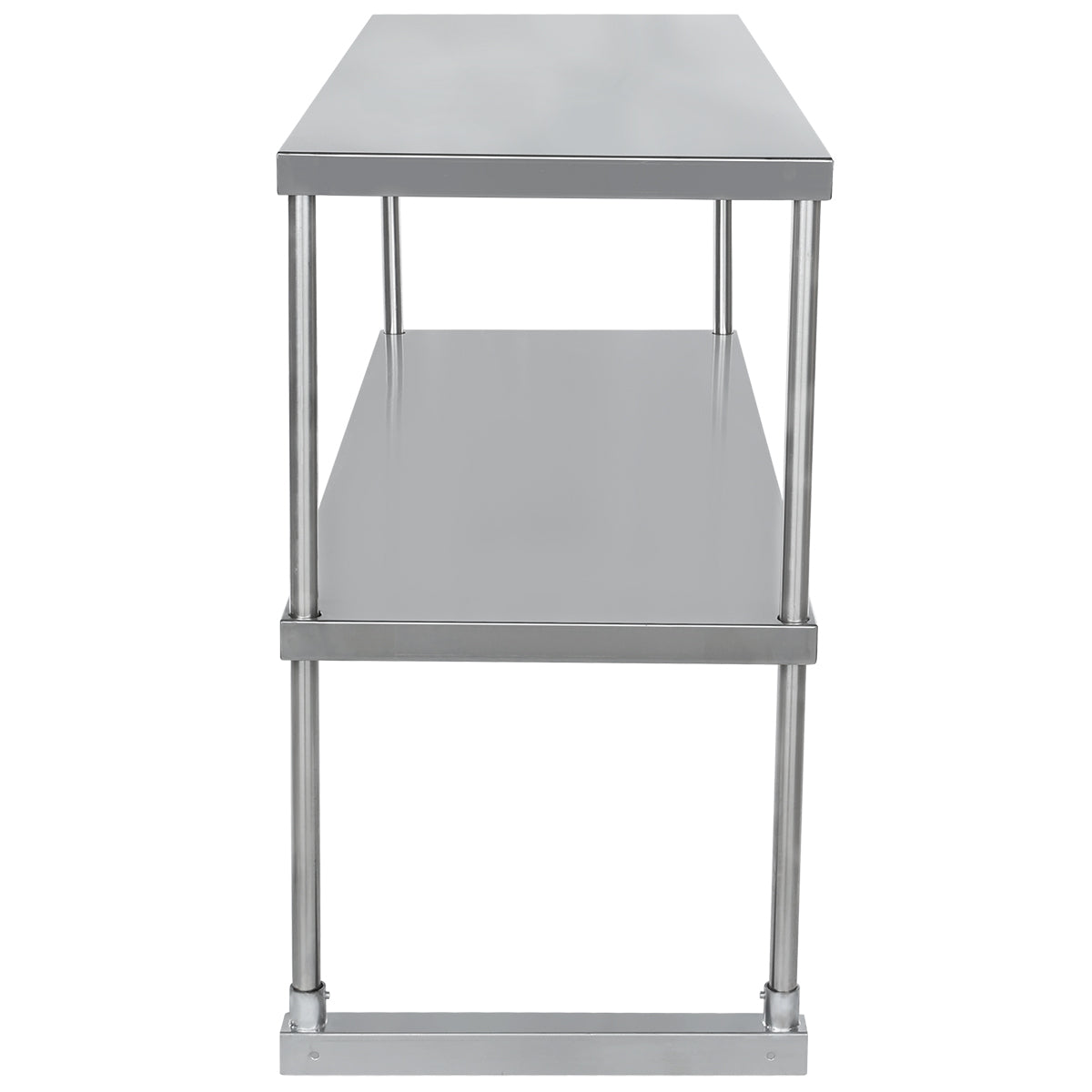 A stainless steel table with two flat shelves and four round legs. The image shows the table from the narrow end, highlighting its rectangular shape, simple industrial design, and a convenient overshelf between the tabletop and the base.