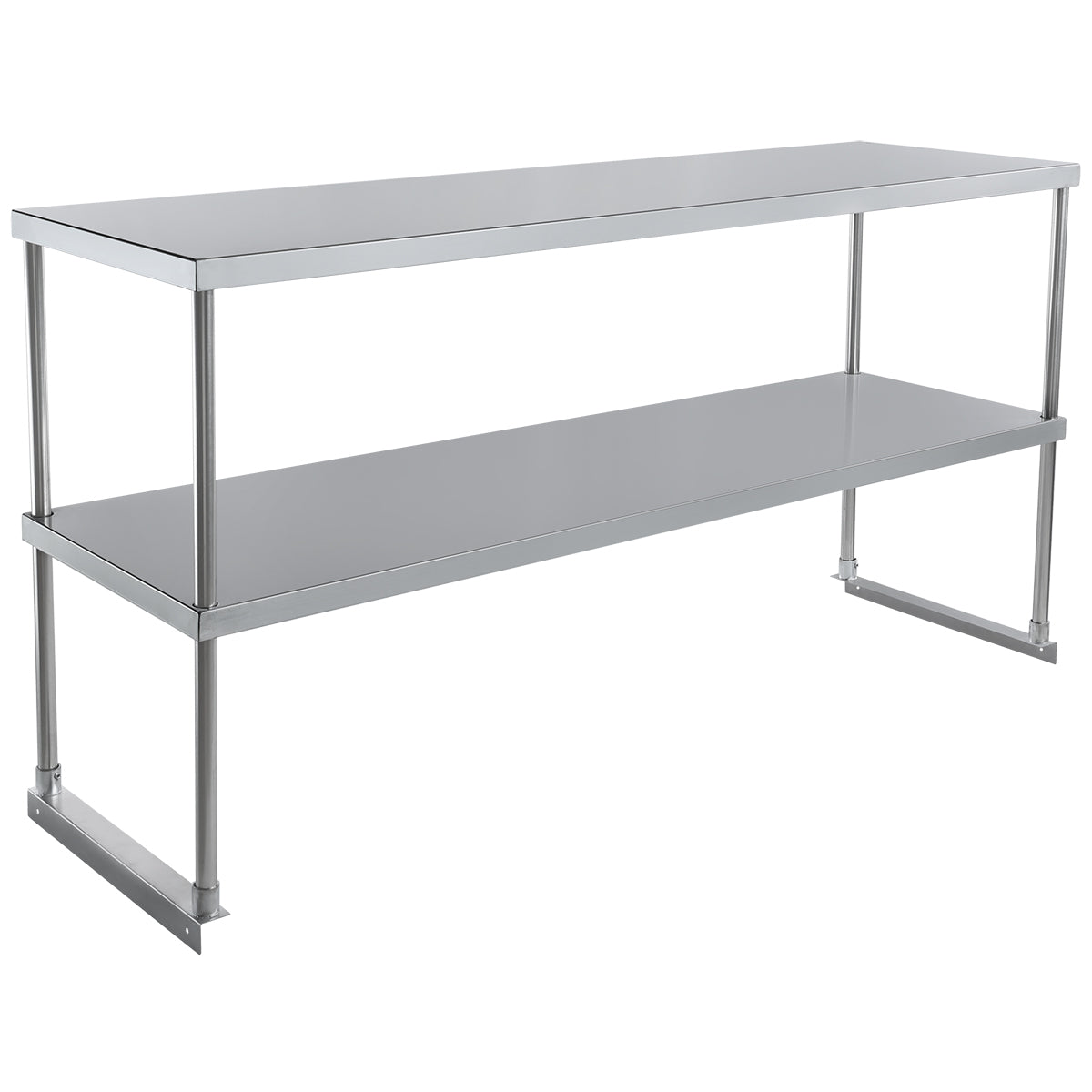A two-tier stainless steel work table with a table-mounted overshelf, featuring a flat rectangular top and lower shelf. Supported by four cylindrical metal legs and two horizontal base bars, the table boasts a sleek, modern, industrial look.