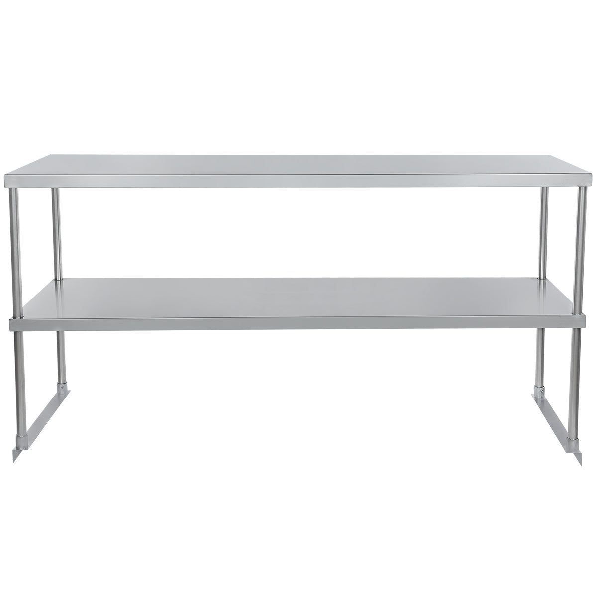 A stainless steel work table with four sturdy legs, a flat top surface, and a convenient table-mounted overshelf for extra storage. The simple, industrial design is shown against a plain white background.