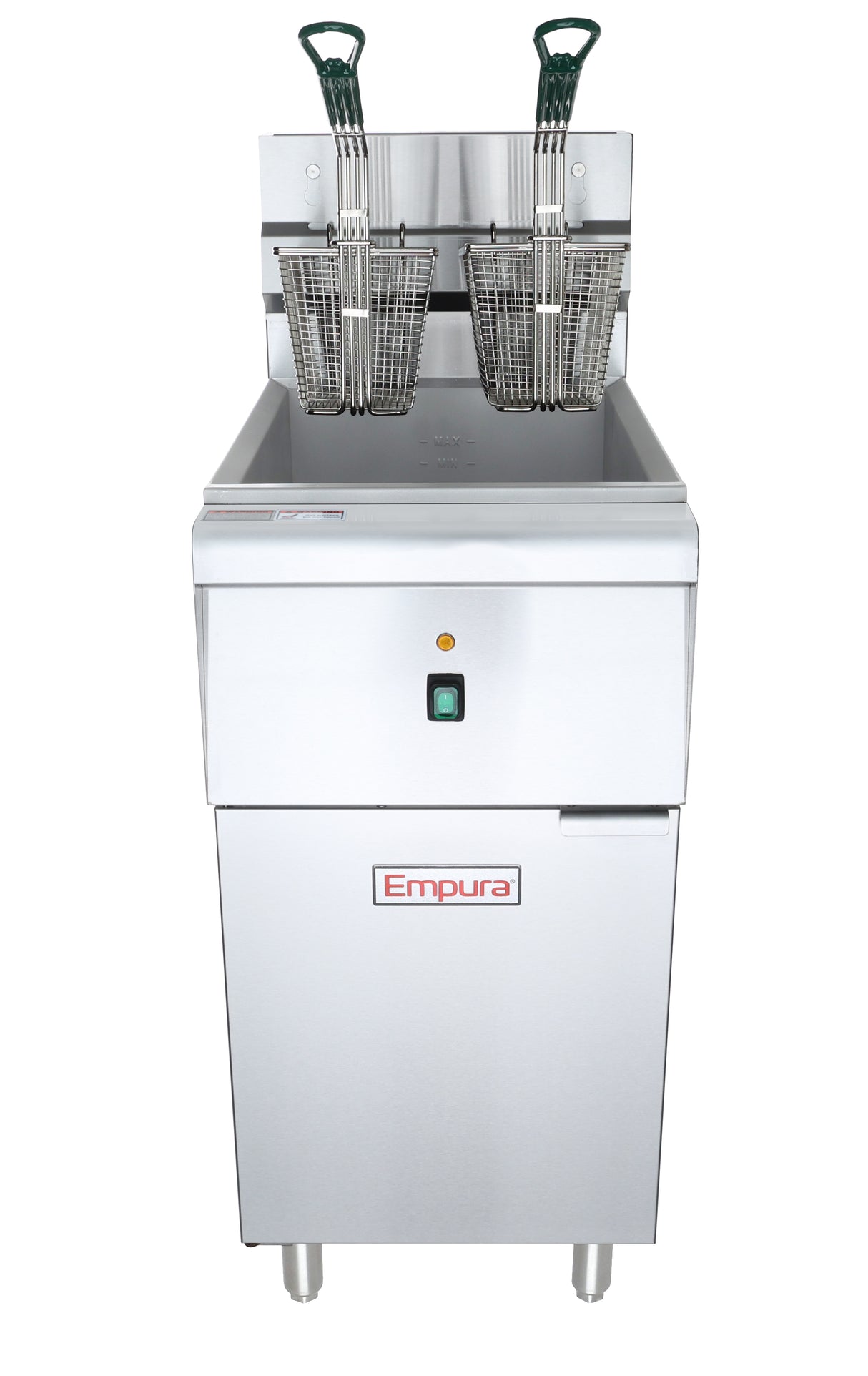 A commercial electric floor model fryer with a 40 lb capacity, featuring two wire baskets with green plastic handles. The front panel displays a power button and red “Empura” logo. This fryer stands on four legs and has a sleek, clean surface.
