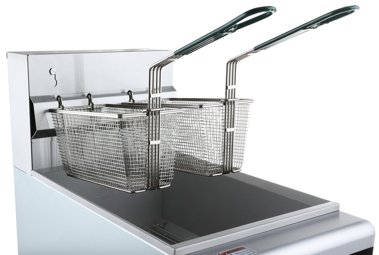 A commercial electric fryer with two metal frying baskets rests above the oil tank. This floor model fryer features a sleek stainless steel build and angled handles for safe handling, with a clean, reflective surface and a 40 lb capacity.