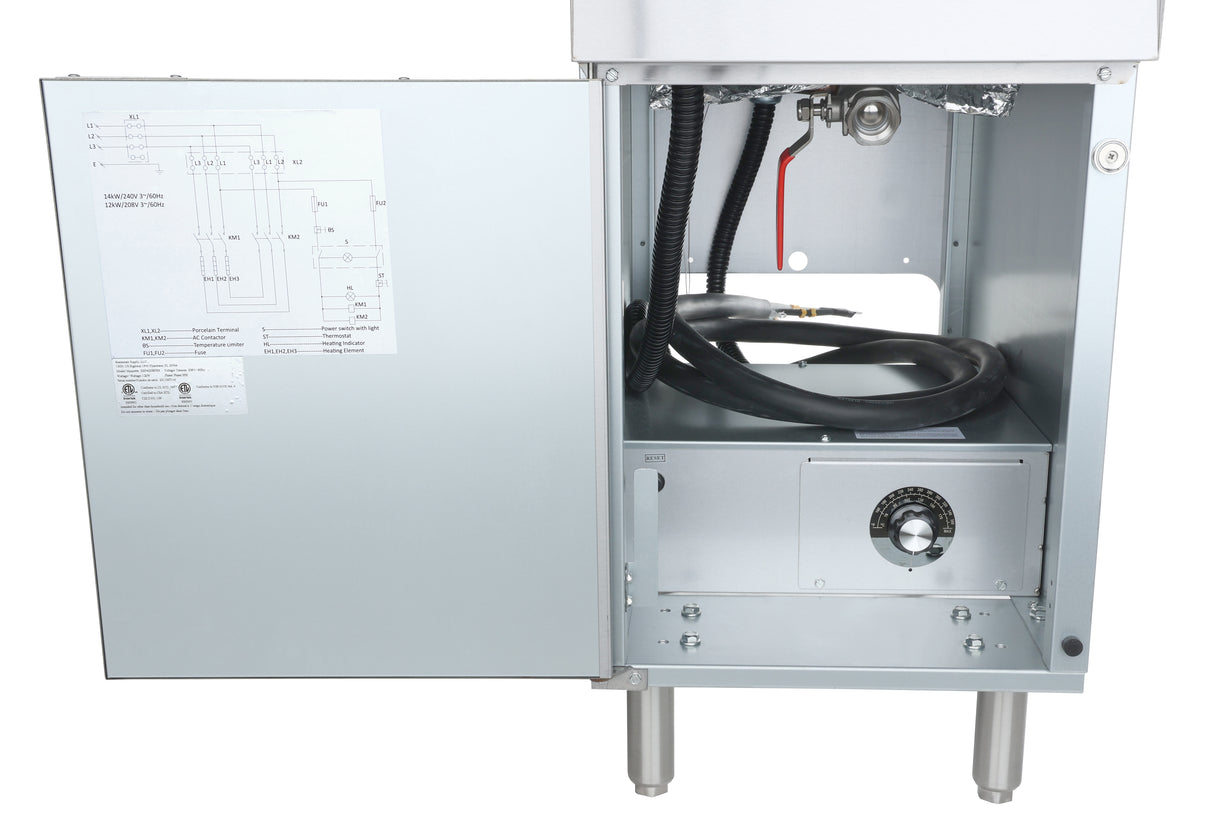 An open metal electrical control box for a Commercial Electric Fryer reveals internal wiring, a coiled black cable, a rotary dial, and a diagram with labeled instructions inside the door. The box stands on metal legs and has a silver finish.