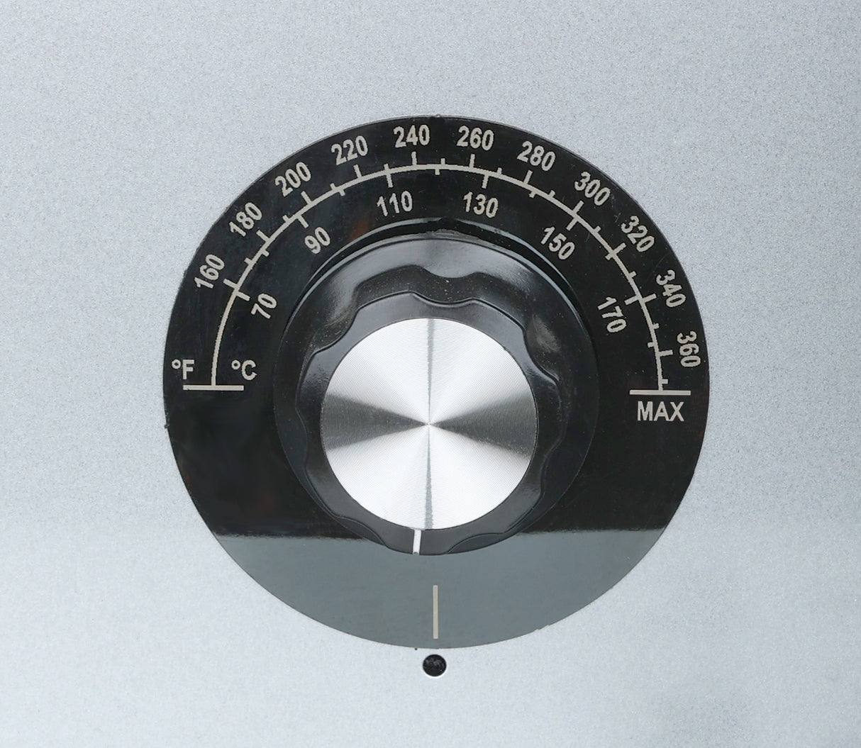 A close-up of a black temperature control dial on a Commercial Electric Fryer, marked with settings from 120°F to 360°F and 50°C to 170°C, plus “MAX.” The metallic silver background and white indicator line add clarity.