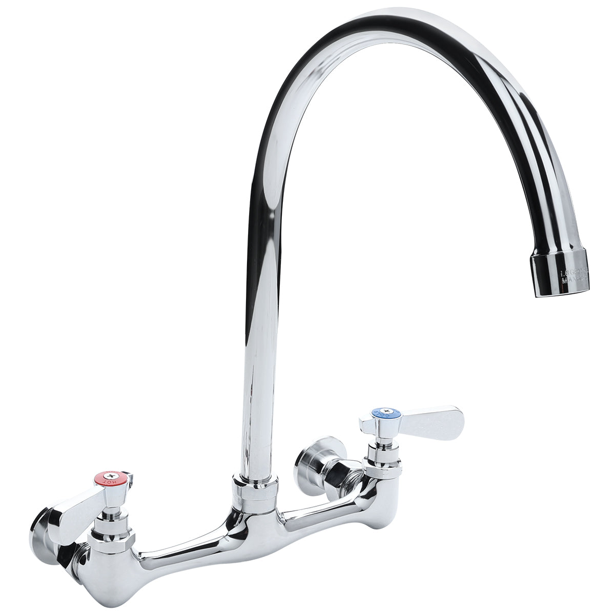 A shiny chrome Empura Stainless kitchen faucet features a swivel gooseneck spout and two separate lever handles—left with a red marker for hot, right with a blue marker for cold. The faucet mounts to a horizontal surface.
