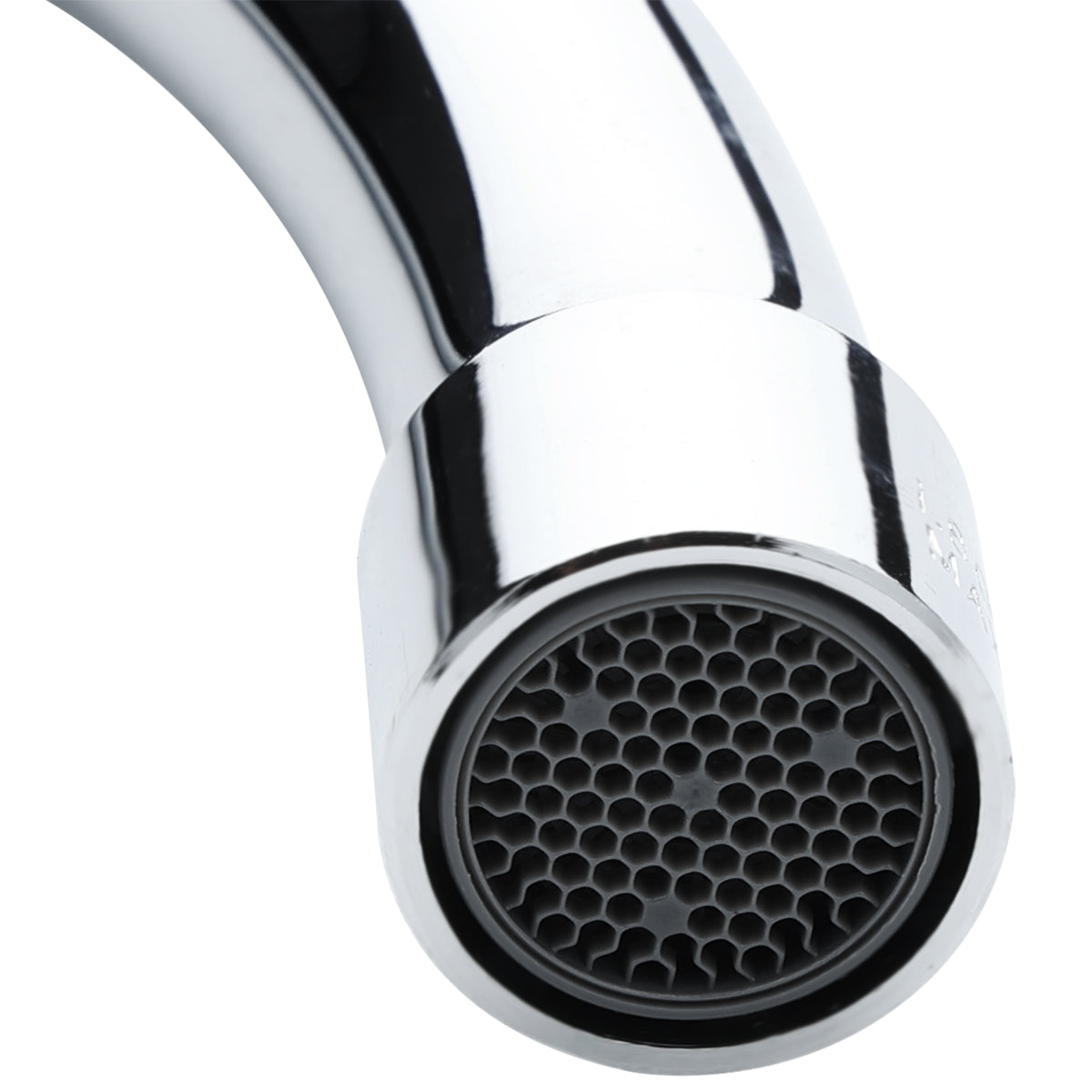 Close-up of an Empura Stainless wall mount faucet featuring a shiny swivel gooseneck spout. Focus is on the round aerator with a honeycomb mesh pattern, with the curved neck set against a plain white background.